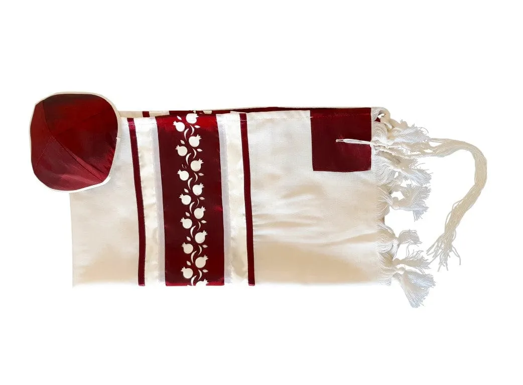 Red Pomegranates Bar Mitzvah Tallit Set, Hebrew Prayer Shawl, Wool Tallit, Jewish Prayer Shawl