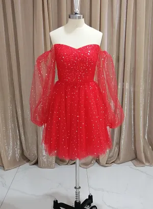 Red Tulle Long Puffy Sleeves Short Prom Dress, Red Tulle Homecoming Dress