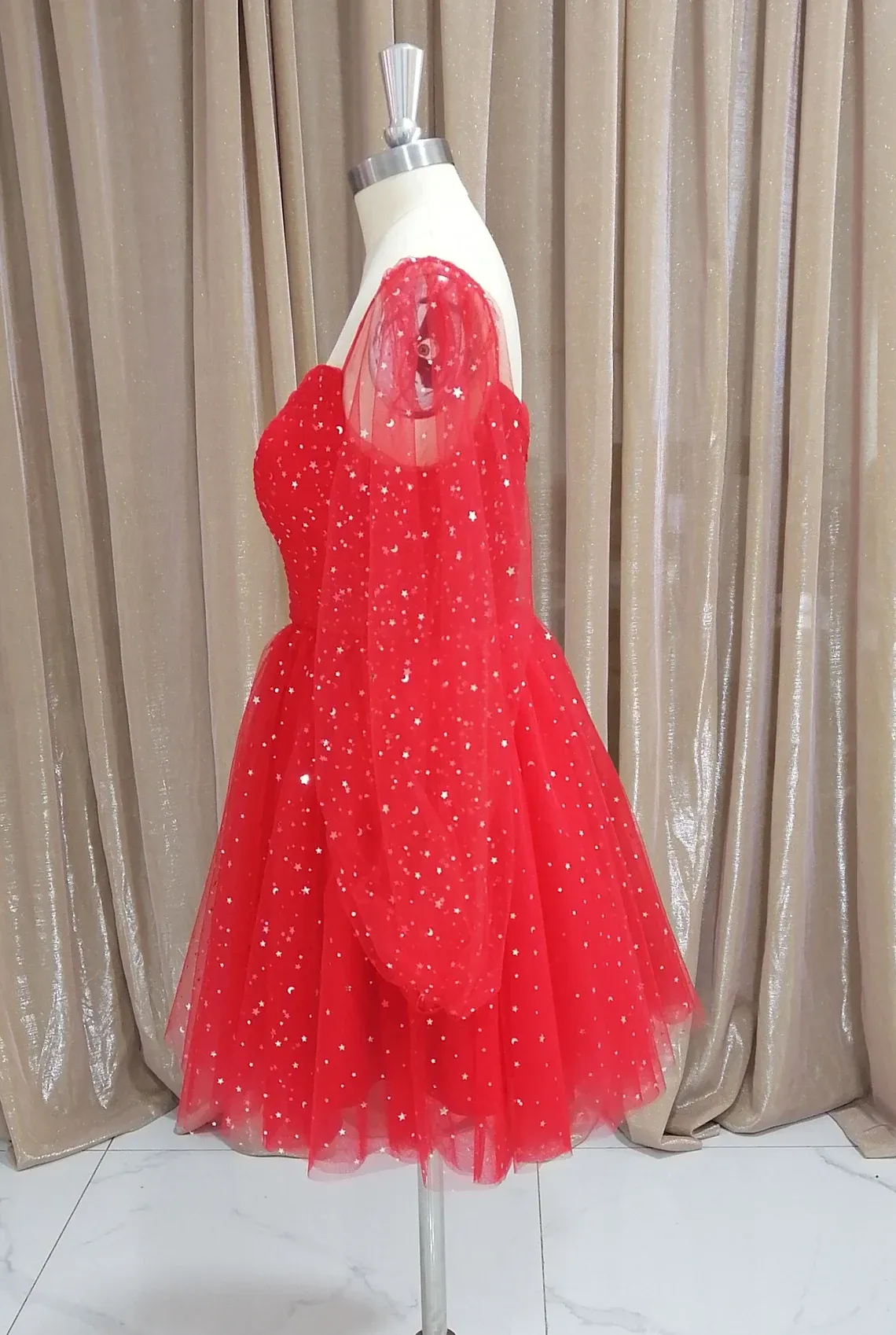 Red Tulle Long Puffy Sleeves Short Prom Dress, Red Tulle Homecoming Dress