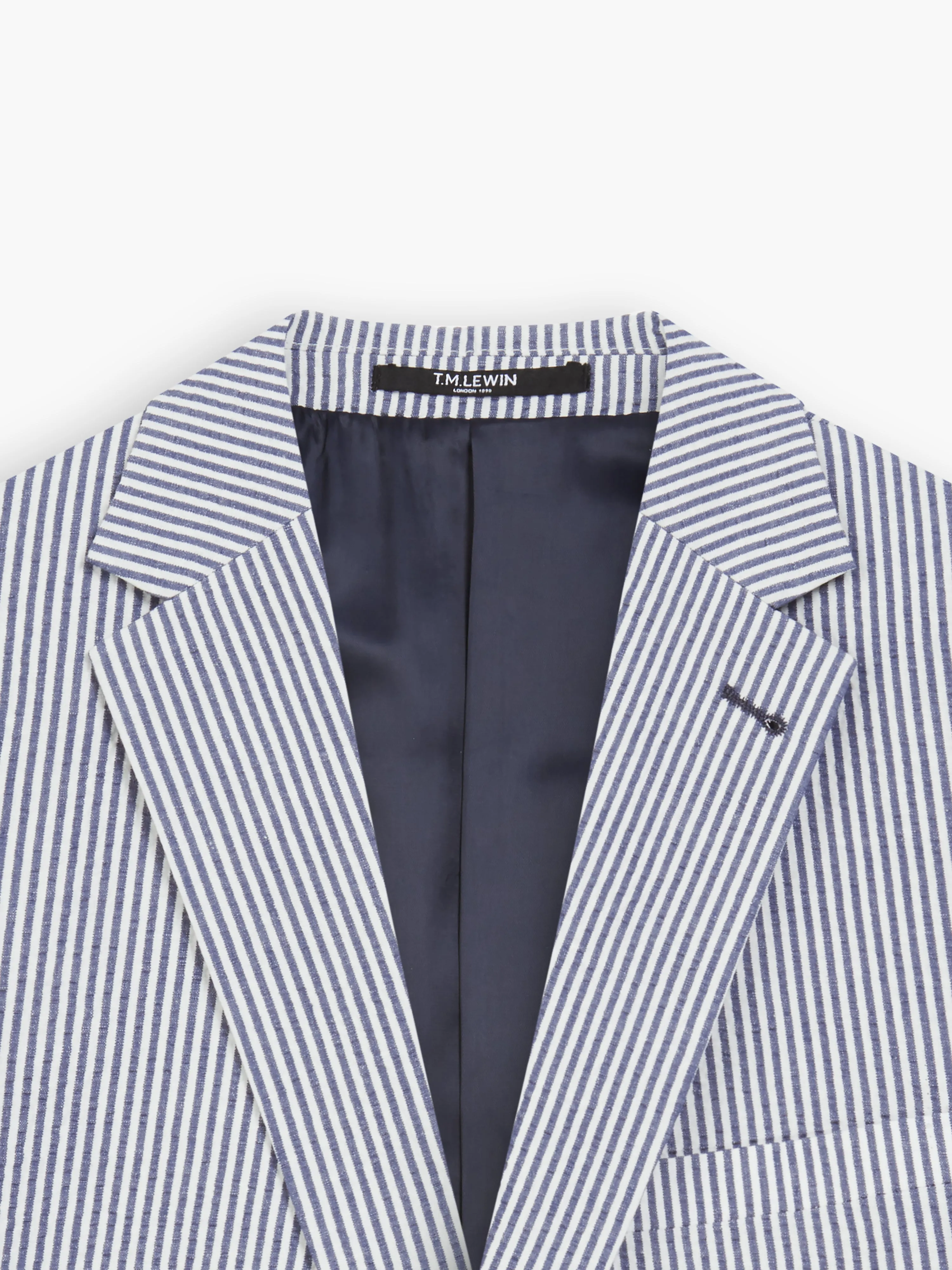 Rhodes Slim Navy Striped Cotton-Linen Seersucker Blazer