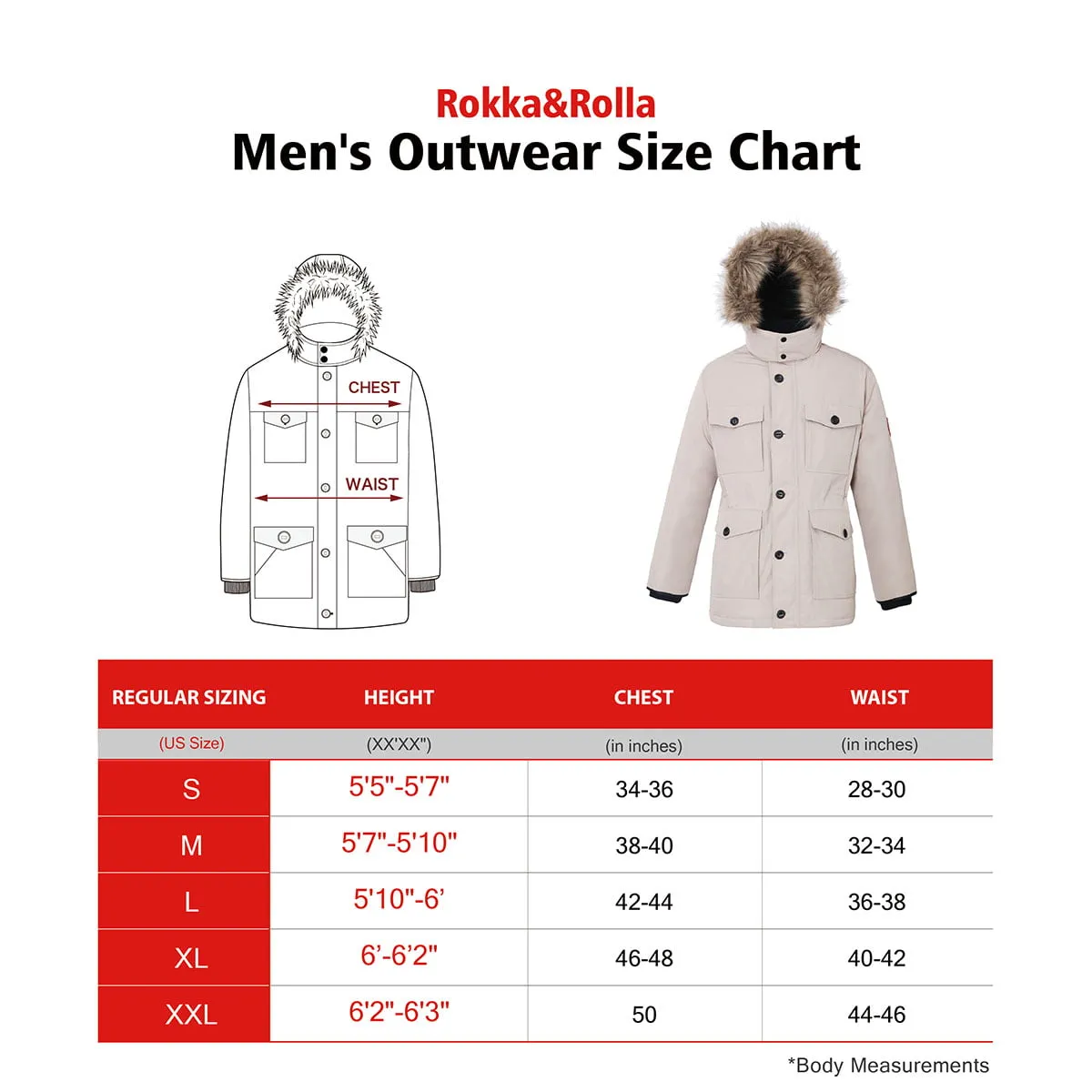 Rokka&Rolla Men's Parka Warm Winter Coat with Faux Fur Hood Jacket