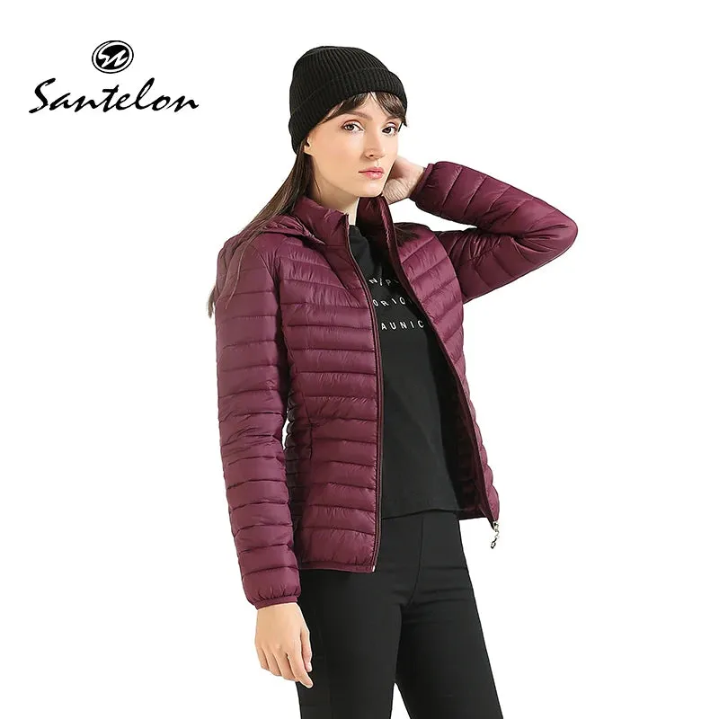 SANTELON Winter Parka Ultralight Padded Puffer Jacket For Women Coat With Hood Outdoor Warm Lightweight Outwear With Storage Bag