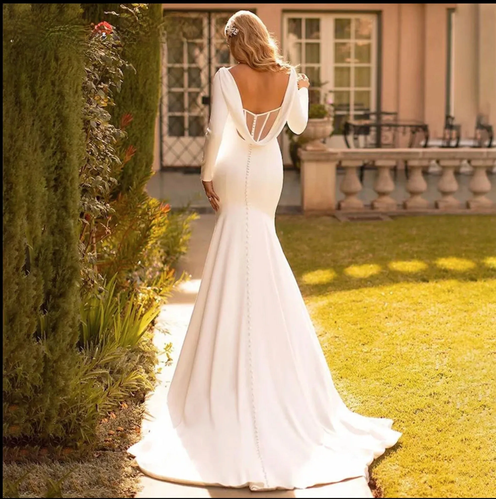 Satin Cowl Back Simple Mermaid Wedding Dress Bridal Sweep Train Gown