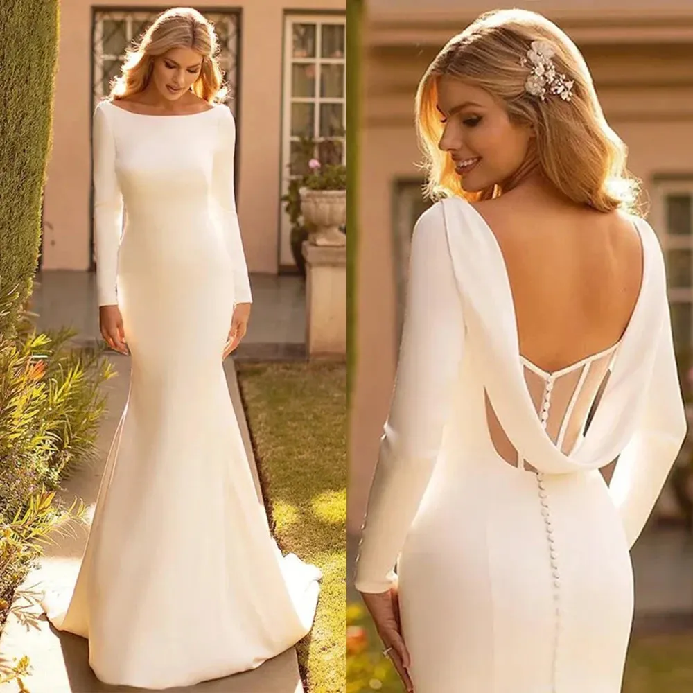 Satin Cowl Back Simple Mermaid Wedding Dress Bridal Sweep Train Gown