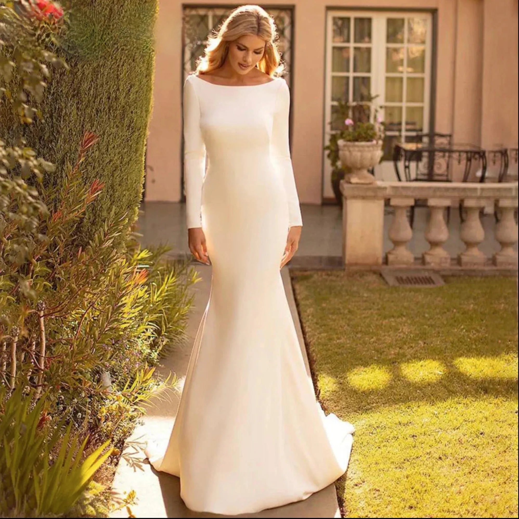 Satin Cowl Back Simple Mermaid Wedding Dress Bridal Sweep Train Gown