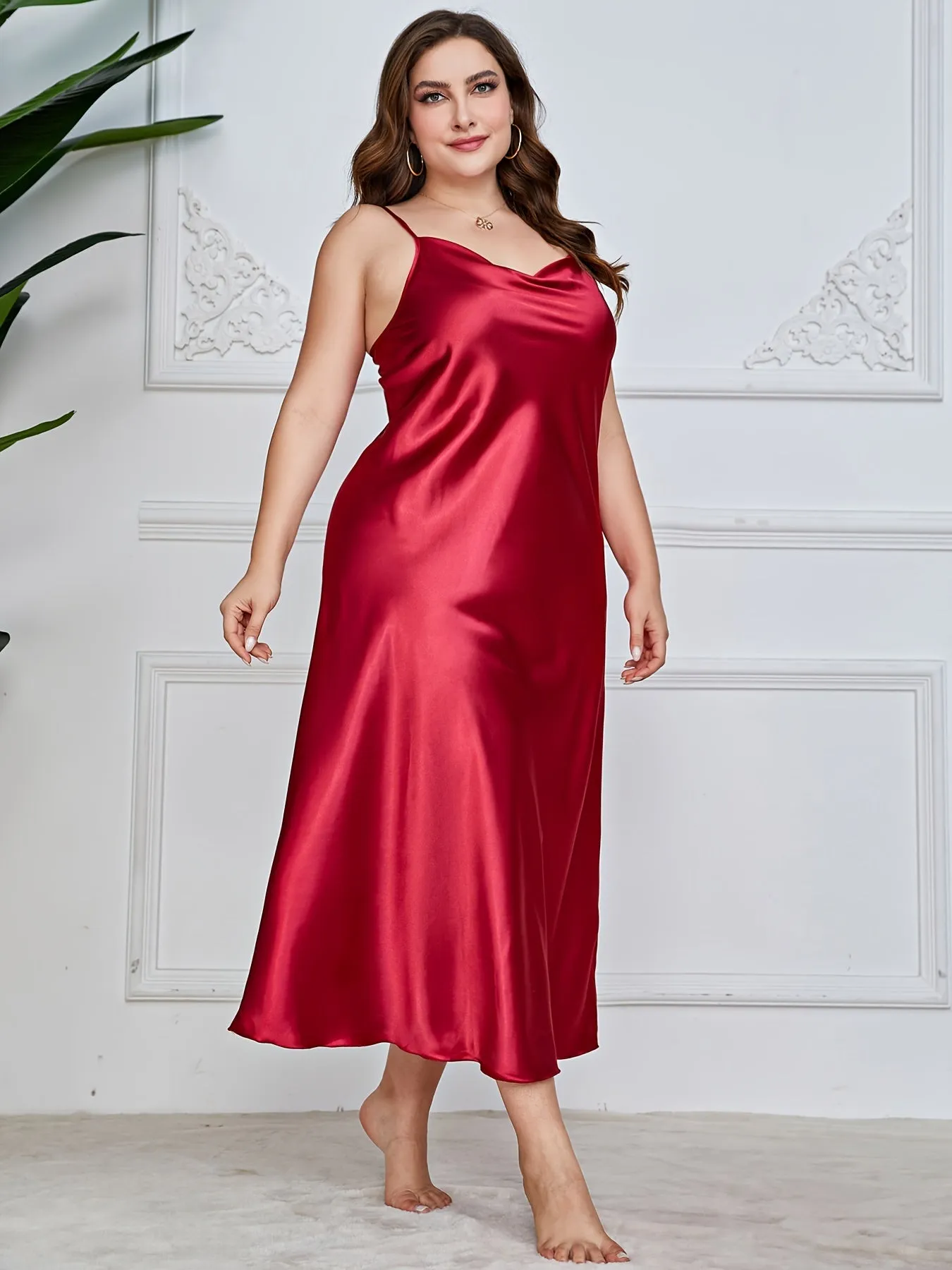 Sensual Sophistication Women's Plus Luxe Satin Cowl Neck Maxi Nightgown