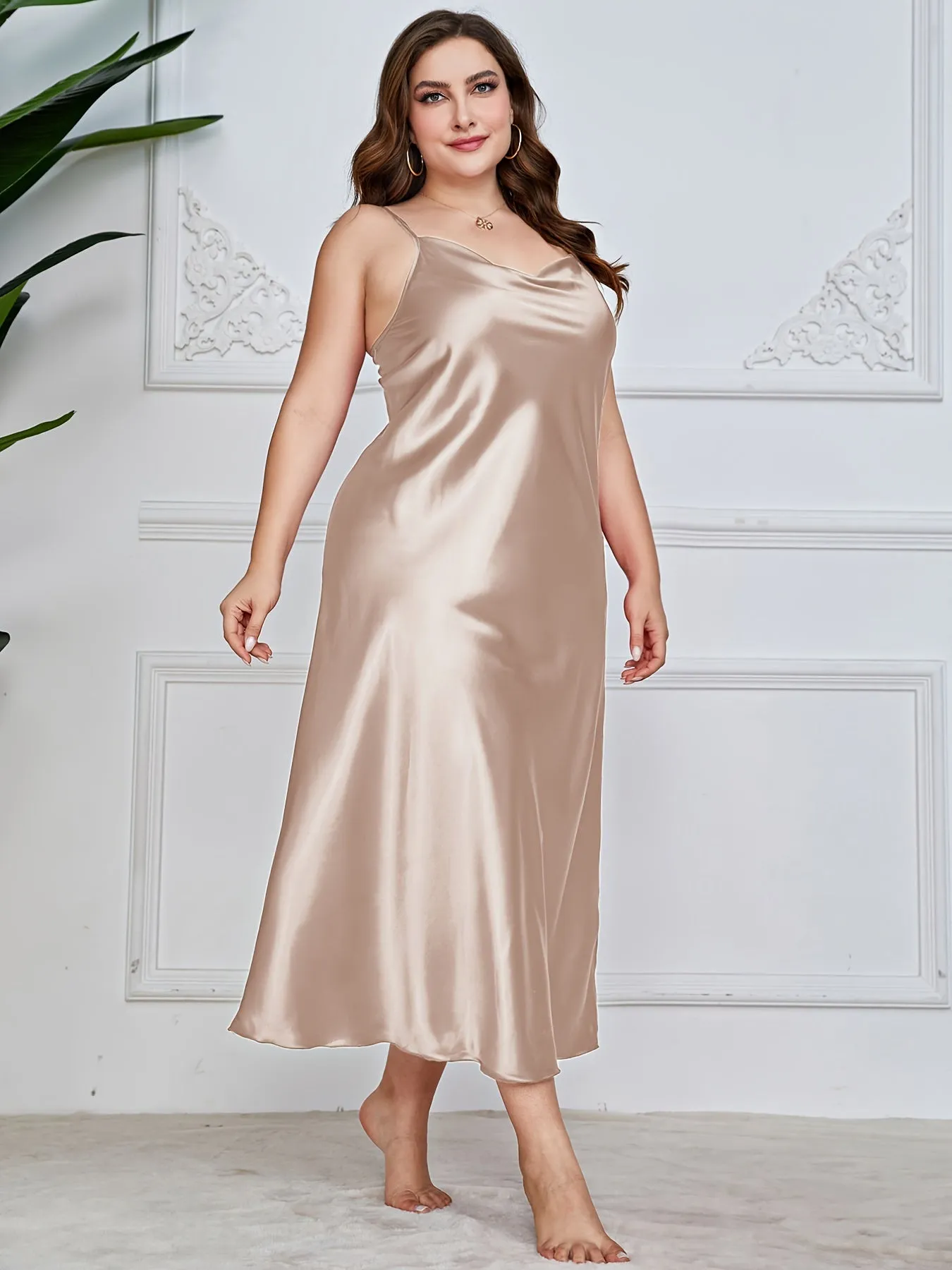 Sensual Sophistication Women's Plus Luxe Satin Cowl Neck Maxi Nightgown