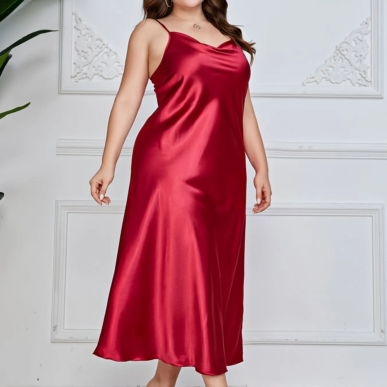 Sensual Sophistication Women's Plus Luxe Satin Cowl Neck Maxi Nightgown