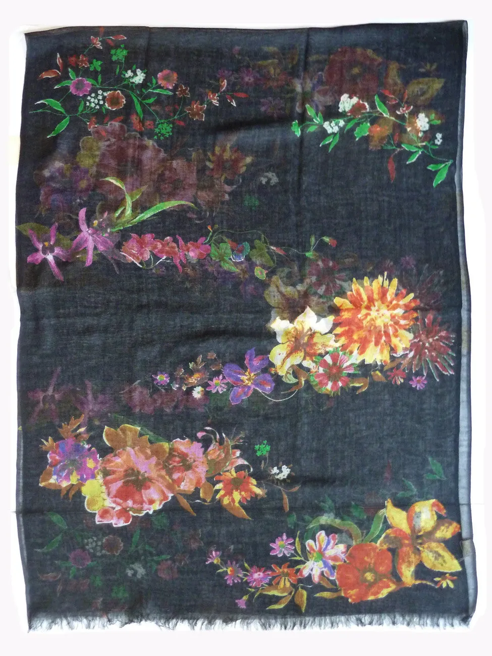 SHAWL SILK AND CASHMERE BLACK FLORAL