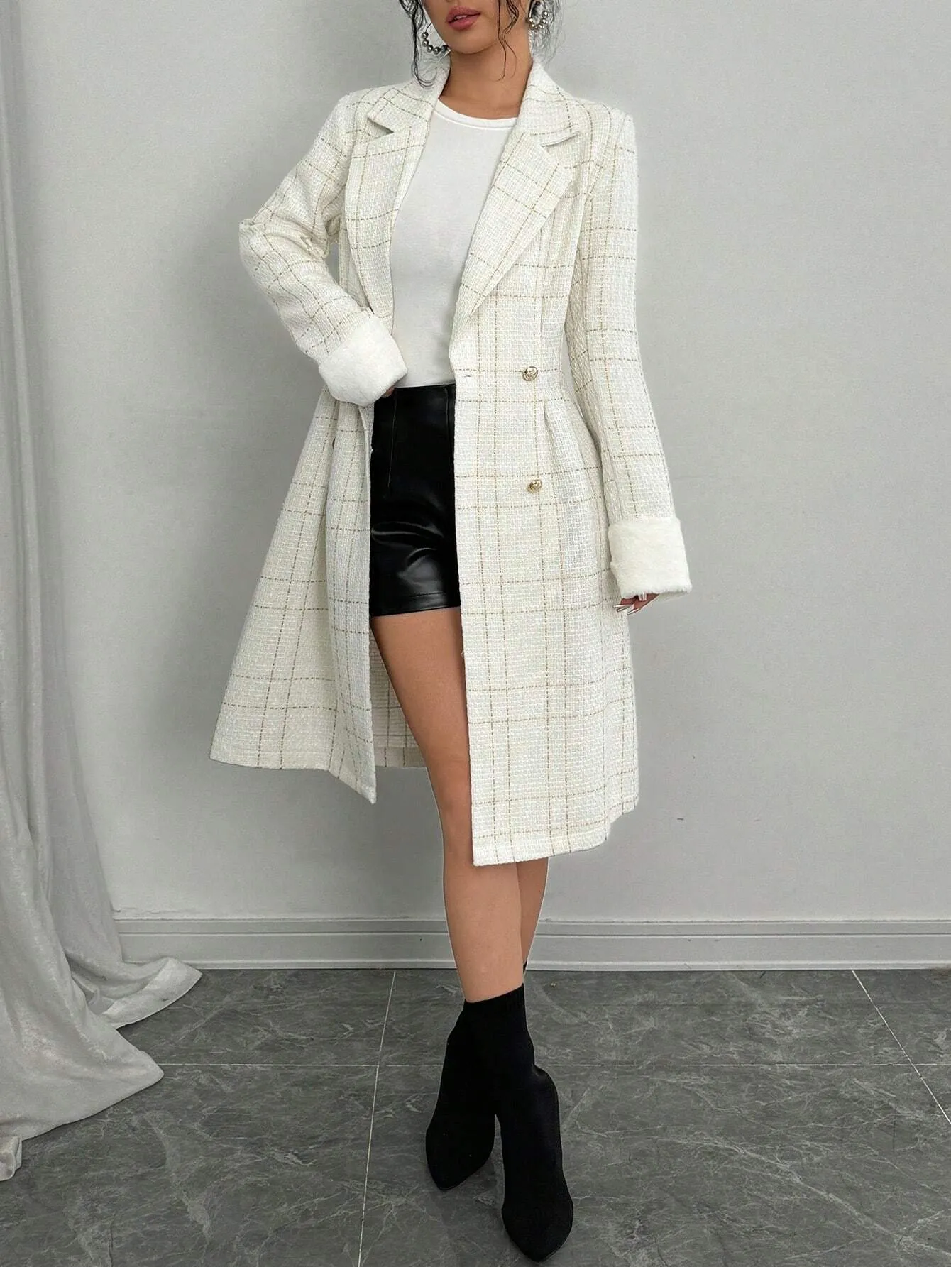 SHEIN Elenzya New Arrival Autumn Winter White Woolen Blend Long Sleeve Double-Breasted Gold Button Cinched Waist Cuff Fur Trim Fitted Knee Length Coat