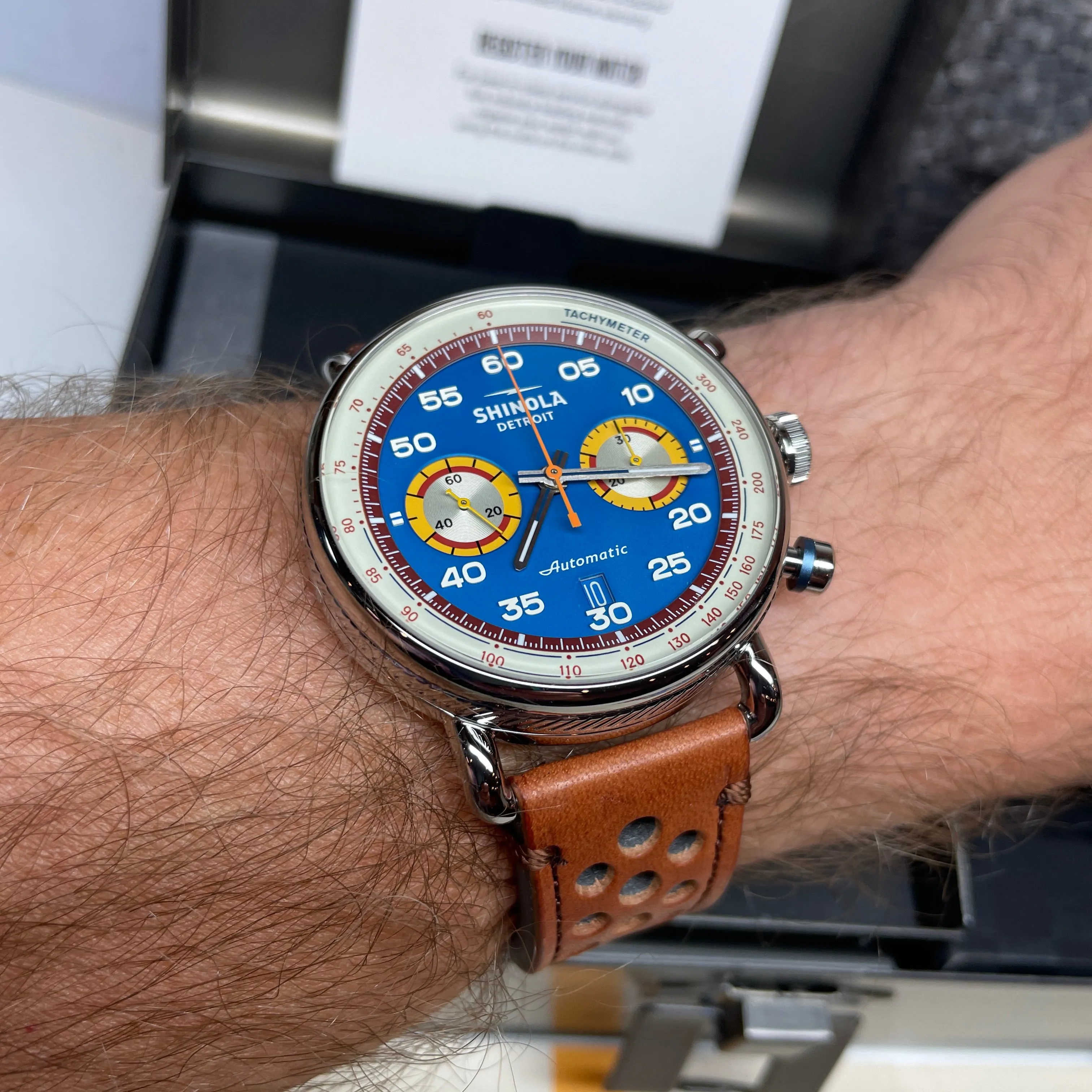 Shinola 44MM Limited Edition Canfield Speedway Horizon Blue Brown Leather Watch S0120291079 Lap 07