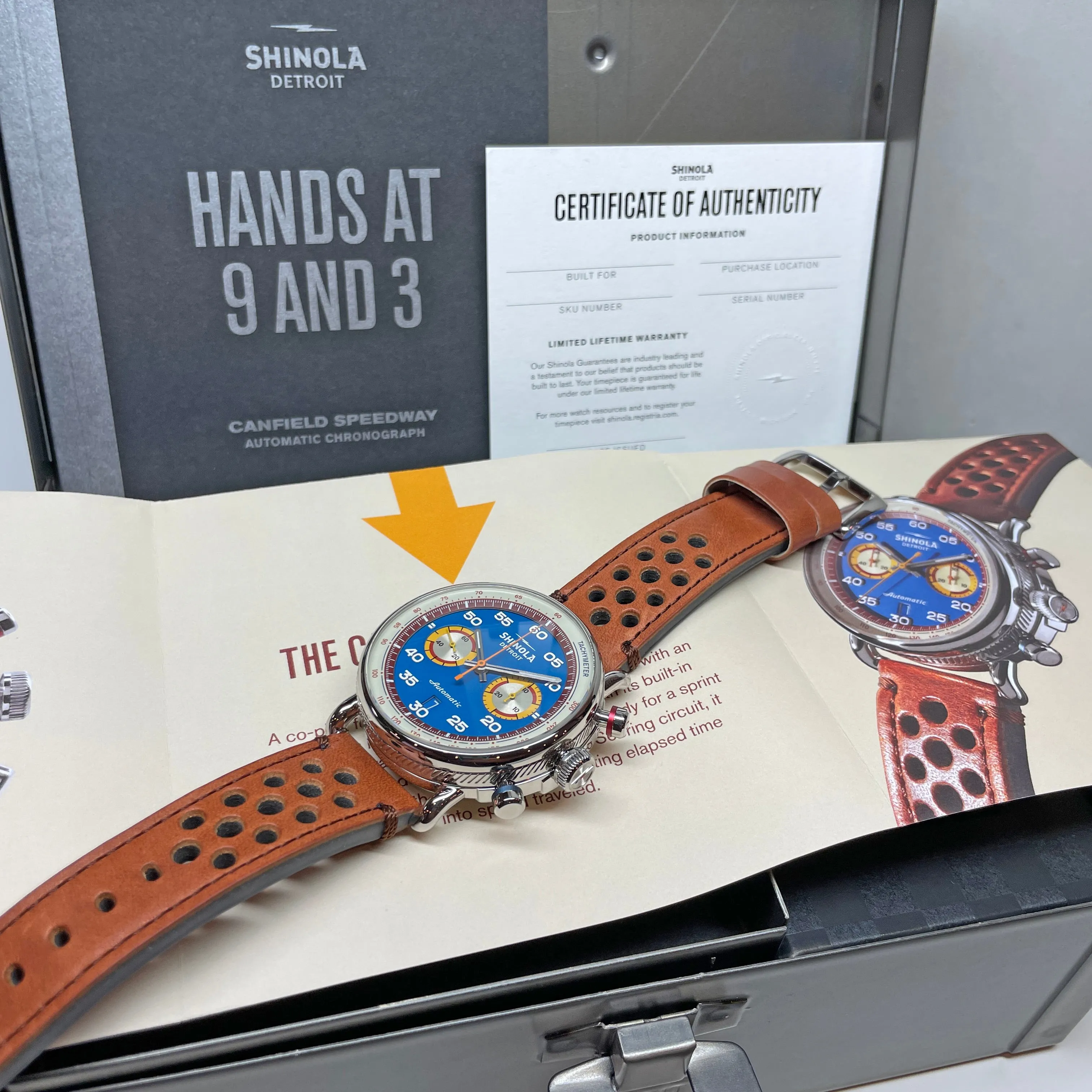 Shinola 44MM Limited Edition Canfield Speedway Horizon Blue Brown Leather Watch S0120291079 Lap 07