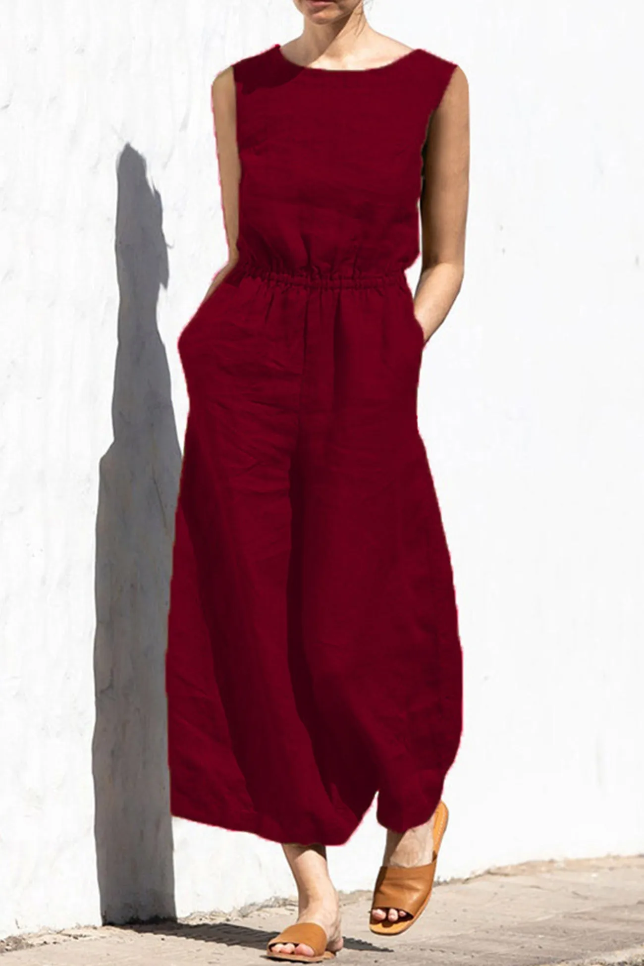 Sleeveless Button-back Cotton Jumpsuits