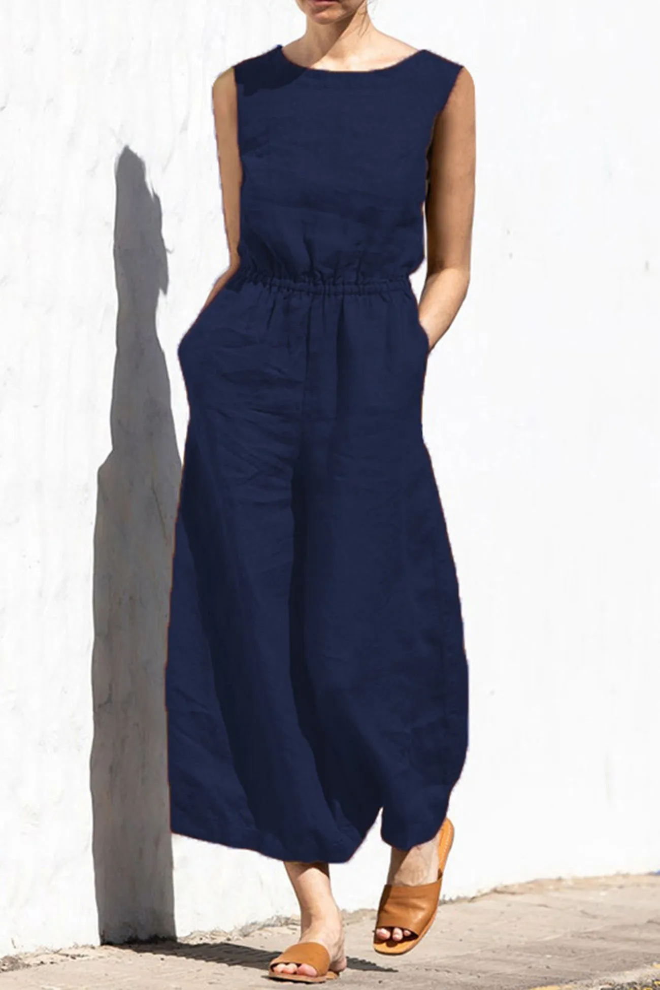 Sleeveless Button-back Cotton Jumpsuits