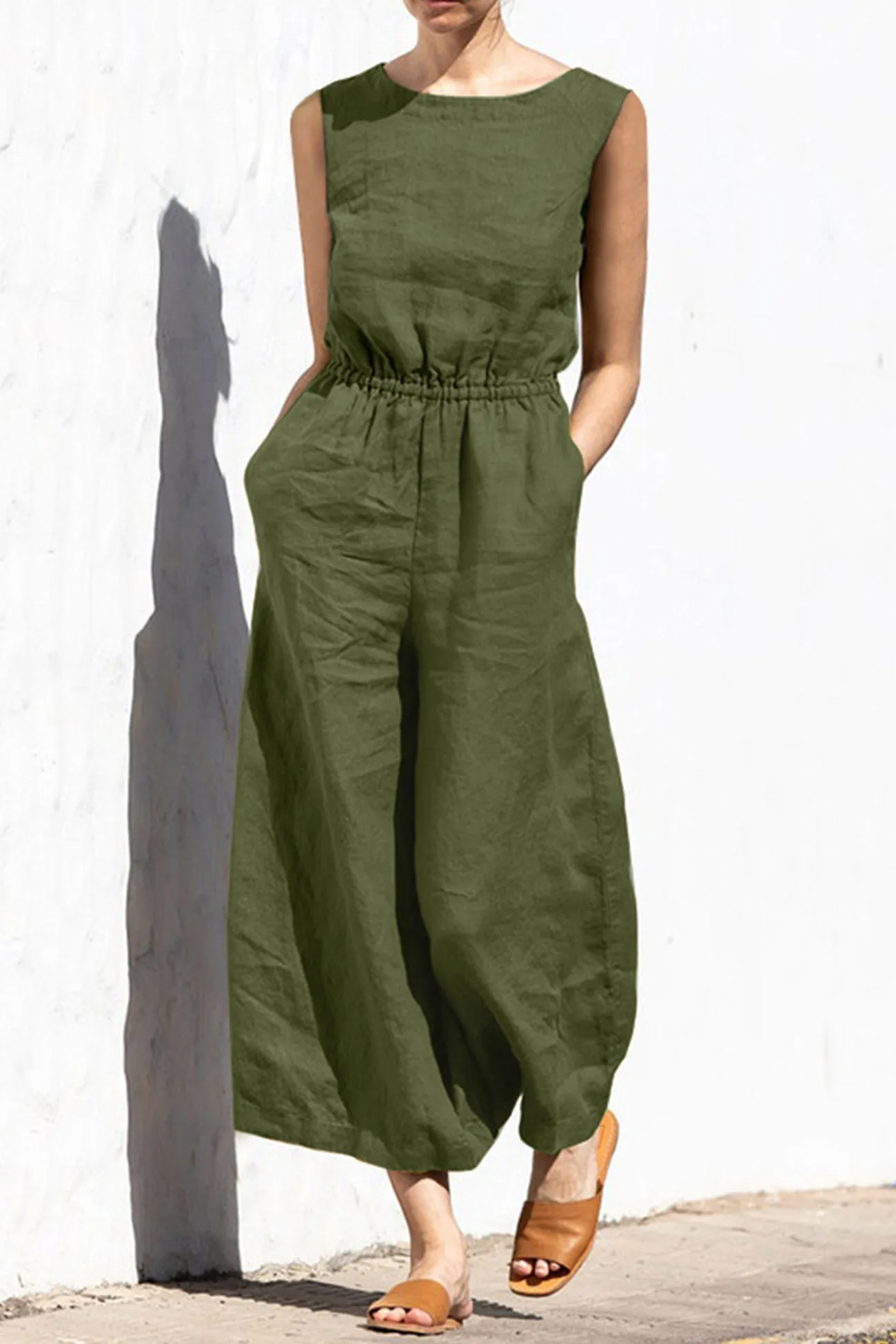 Sleeveless Button-back Cotton Jumpsuits