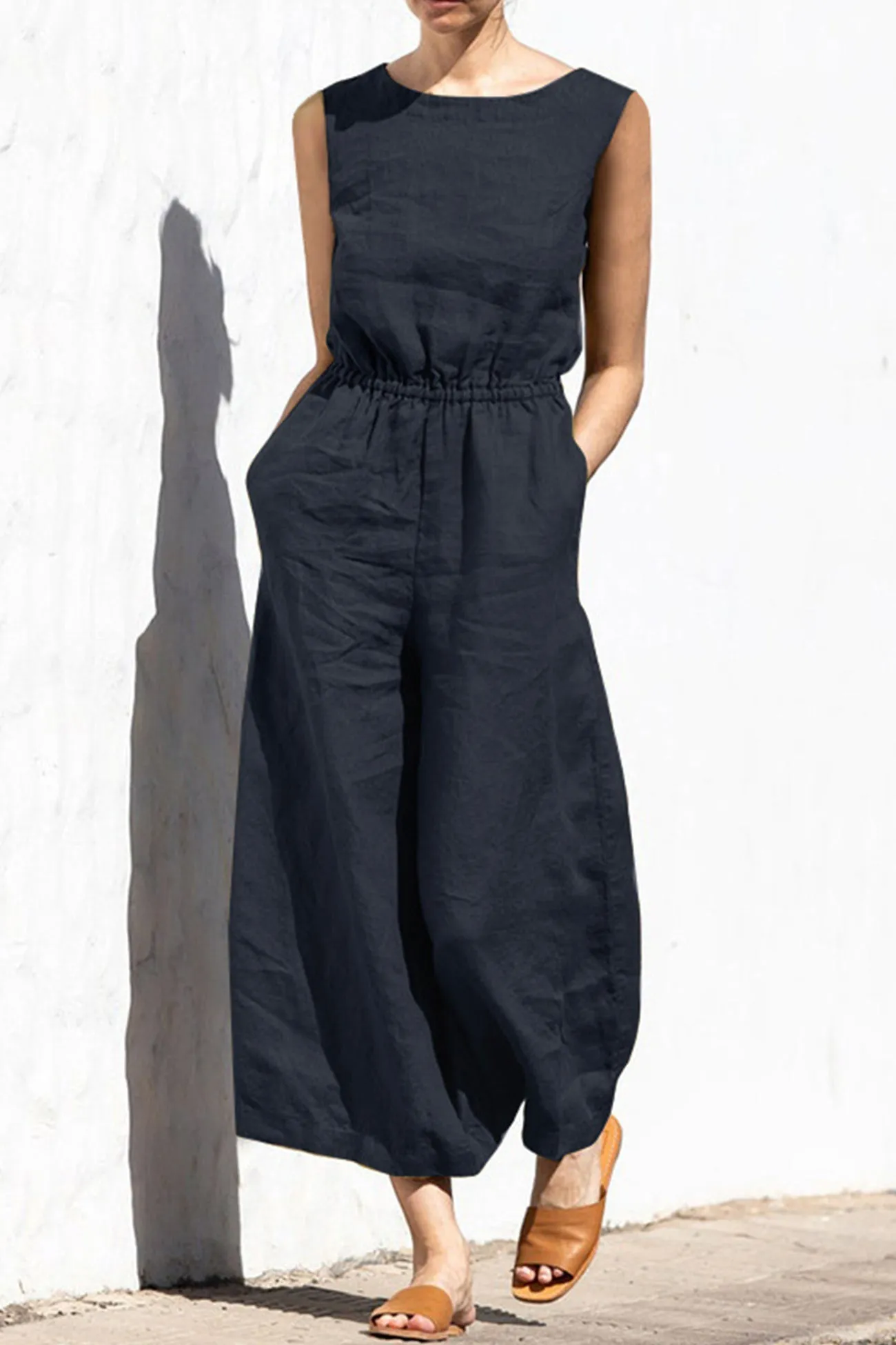 Sleeveless Button-back Cotton Jumpsuits