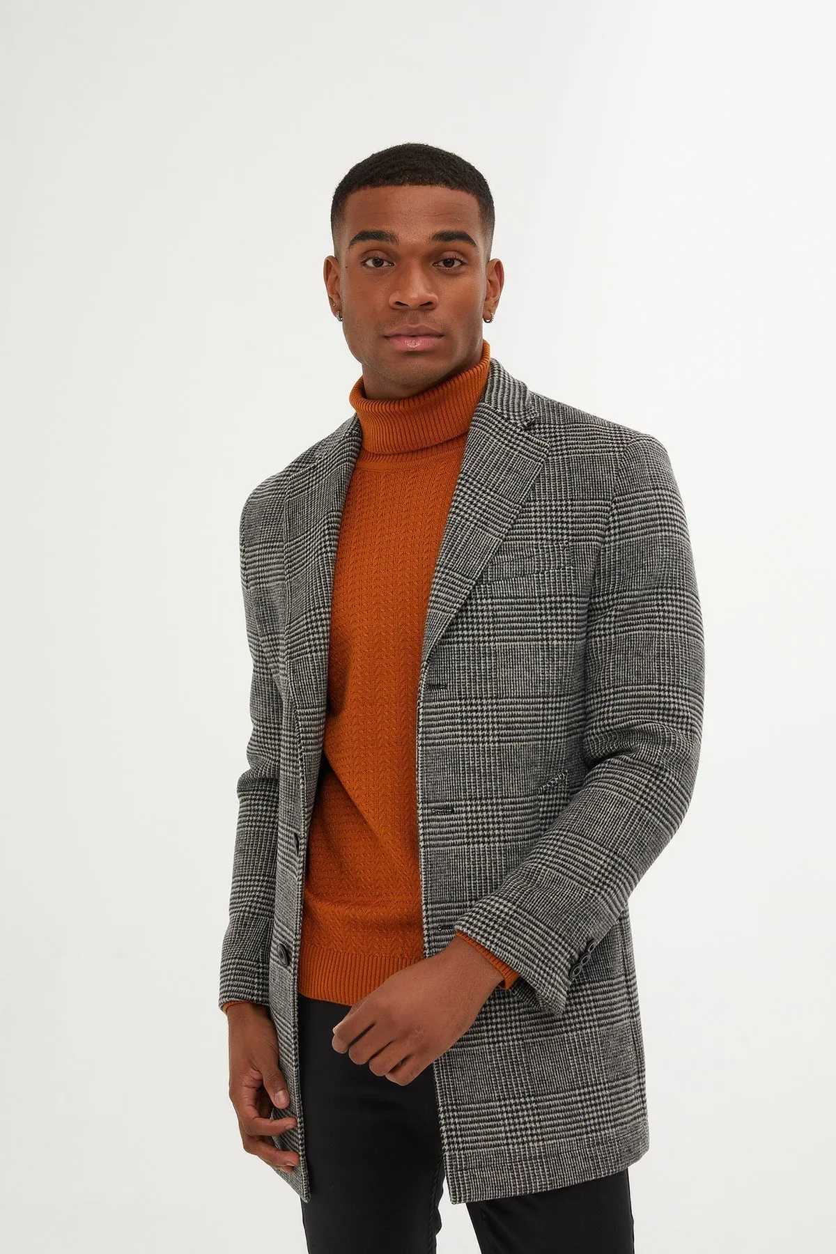 Slim Fit Cachet Glen Plaid Gray Wool Blend Overcoat