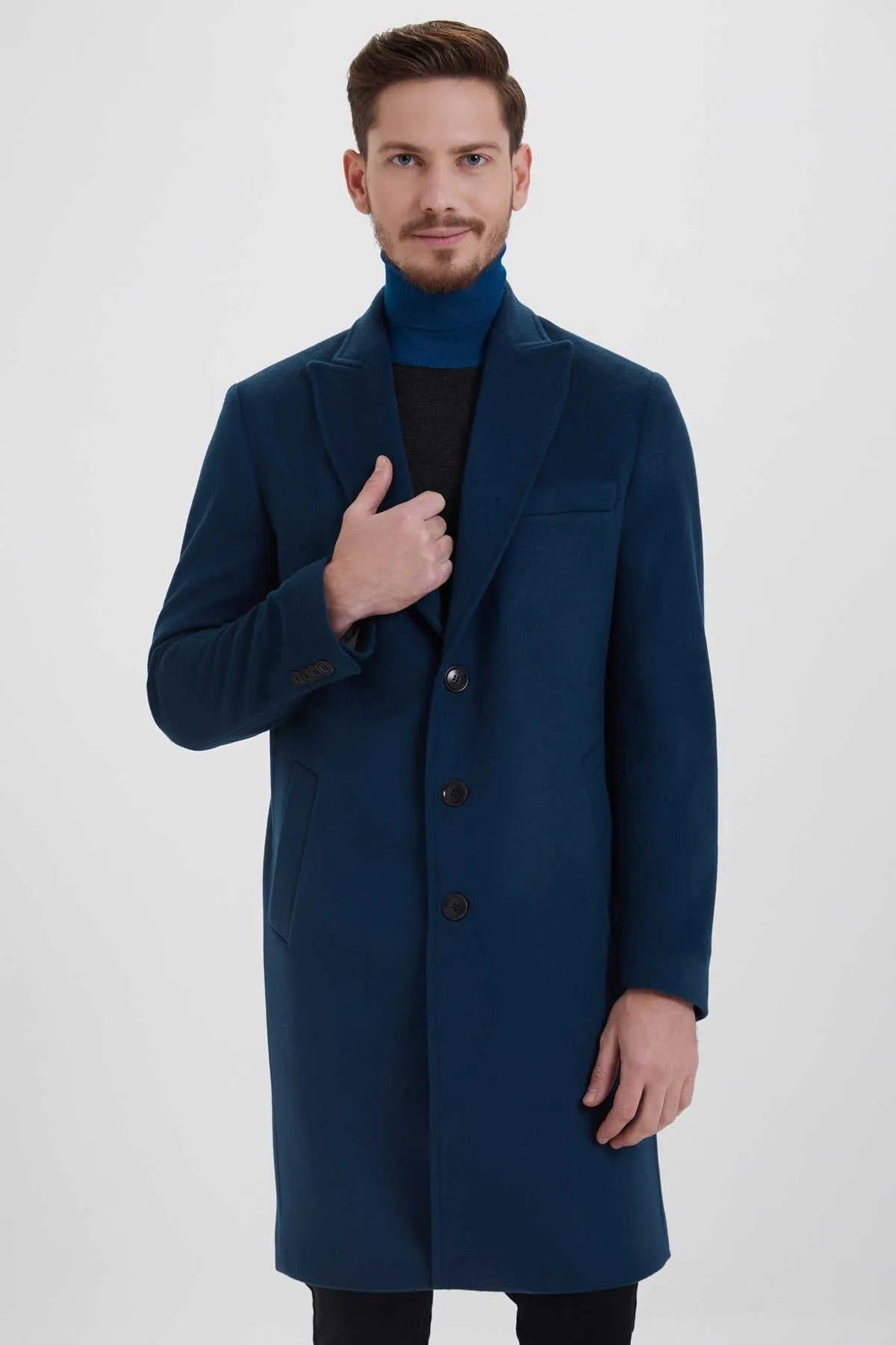 Slim Fit Cachet Peaked Lapel Enamel Blue Wool Blend Overcoat