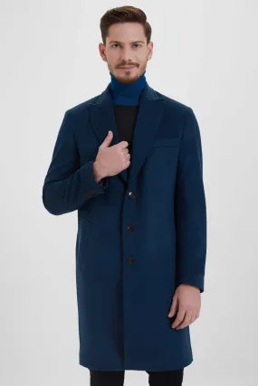 Slim Fit Cachet Peaked Lapel Enamel Blue Wool Blend Overcoat