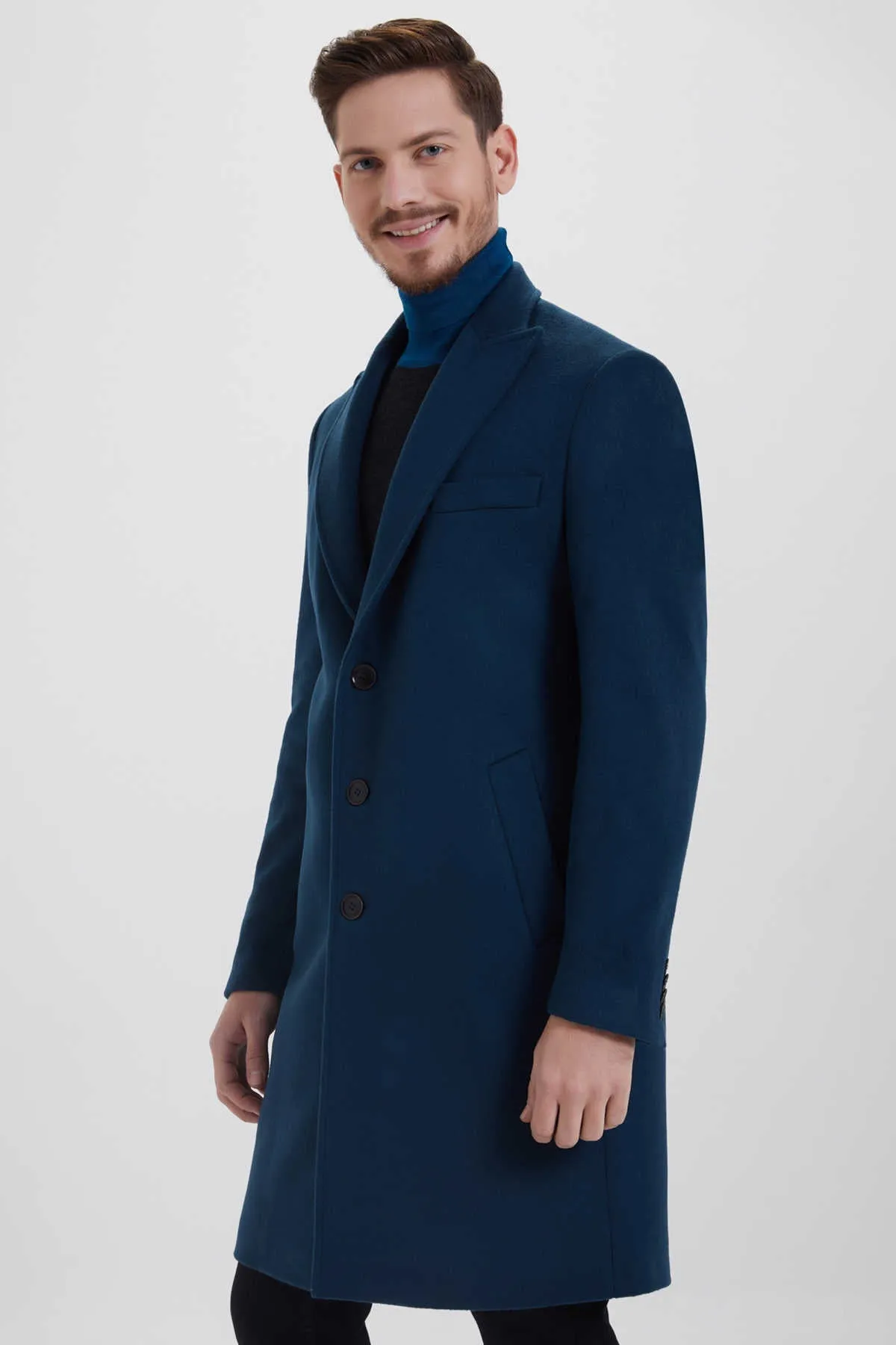 Slim Fit Cachet Peaked Lapel Enamel Blue Wool Blend Overcoat