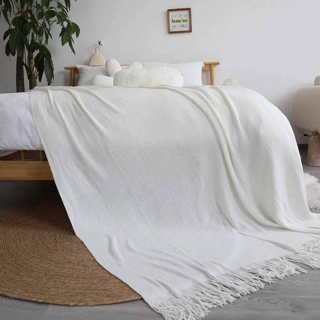 SOGA 2X White Acrylic Knitted Throw Blanket Solid Fringed Warm Cozy Woven Cover Couch Bed Sofa Home Decor