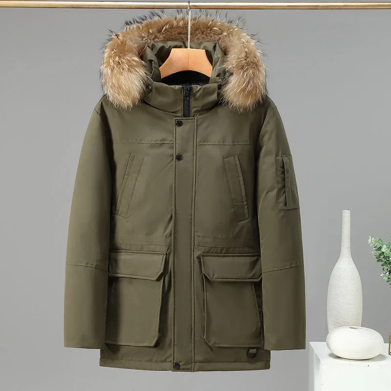 Solid Color Thickened Male Parka Jacket with/without Racoon Fur Collar (3 colors)