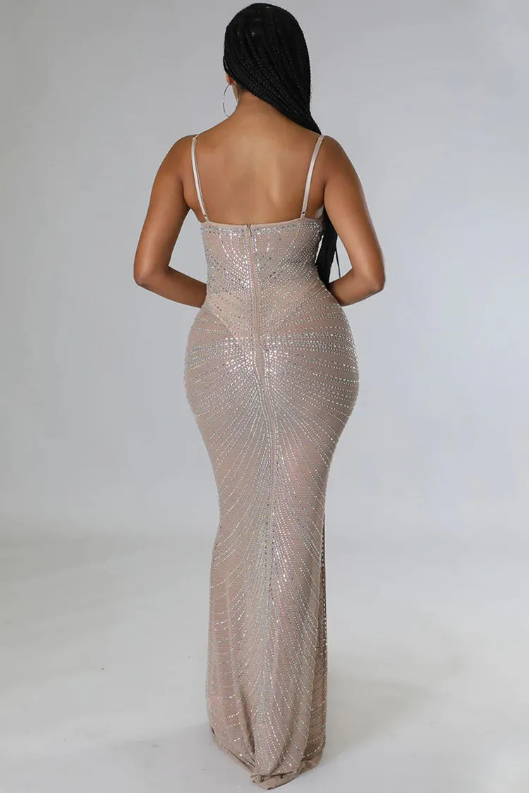 Sparkly Rhinestone Bustier Sheer Mesh Sleeveless Fishtail Evening Maxi Dress - Khaki