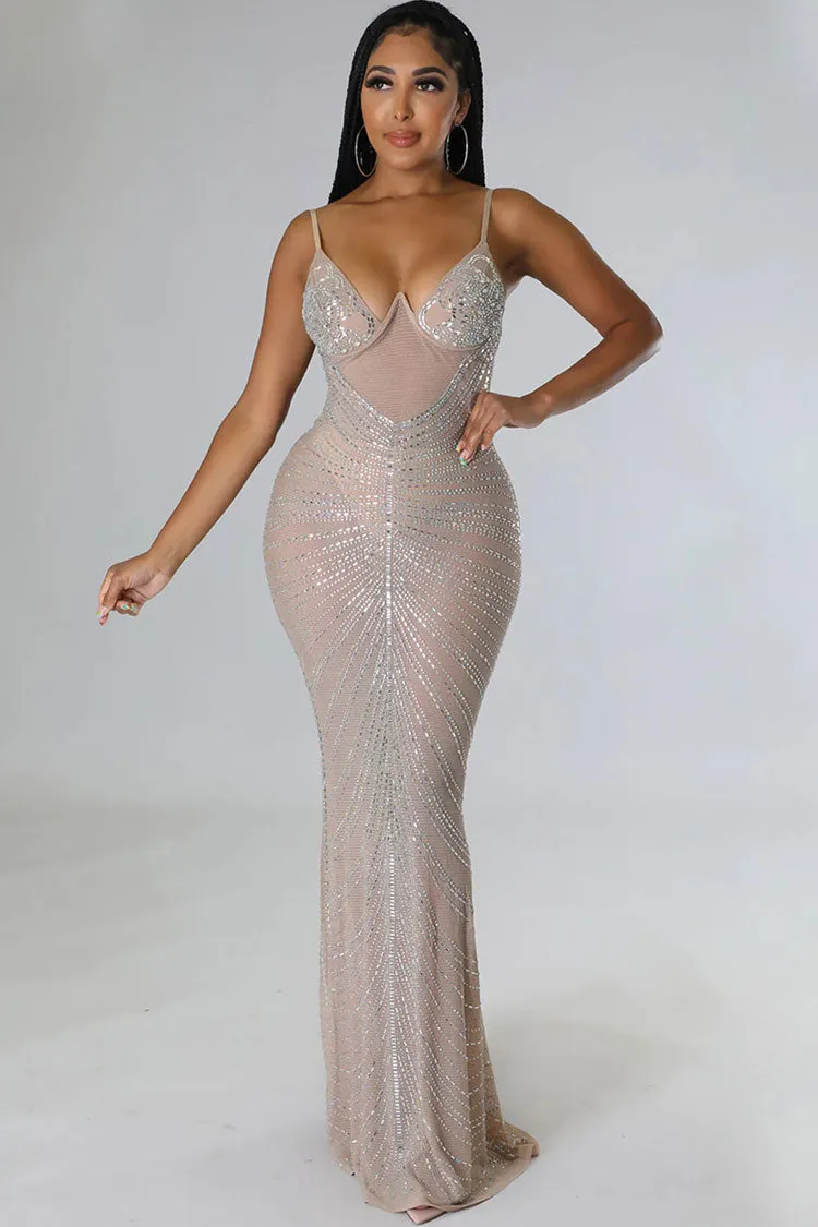 Sparkly Rhinestone Bustier Sheer Mesh Sleeveless Fishtail Evening Maxi Dress - Khaki