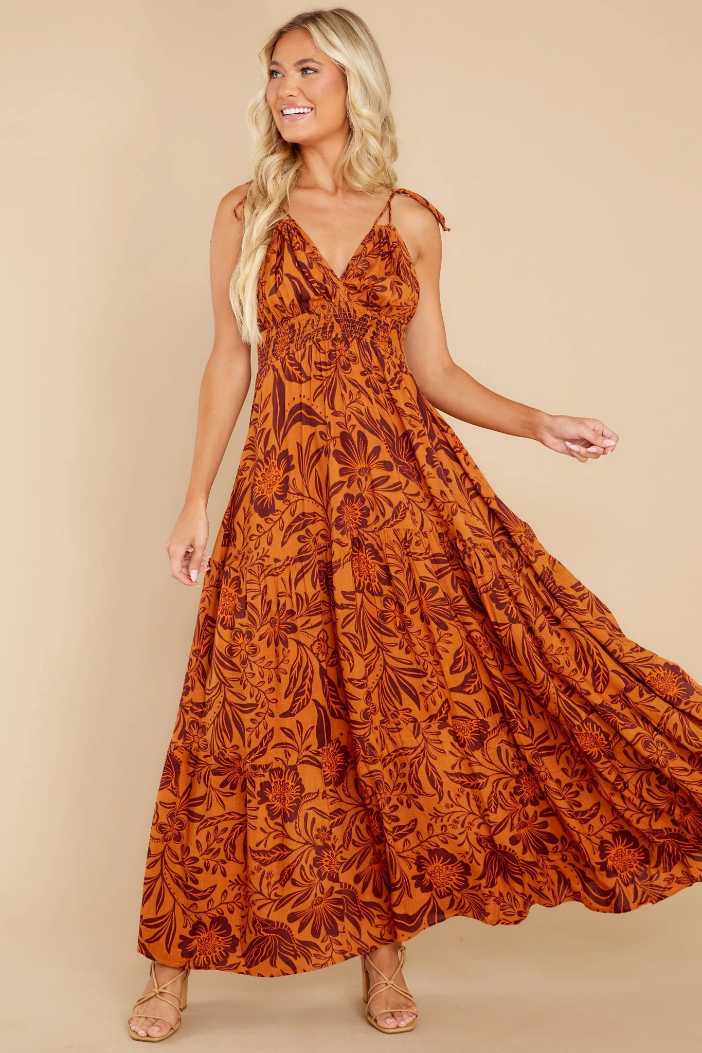 Splendid Living Golden Orange Floral Print Maxi Dress