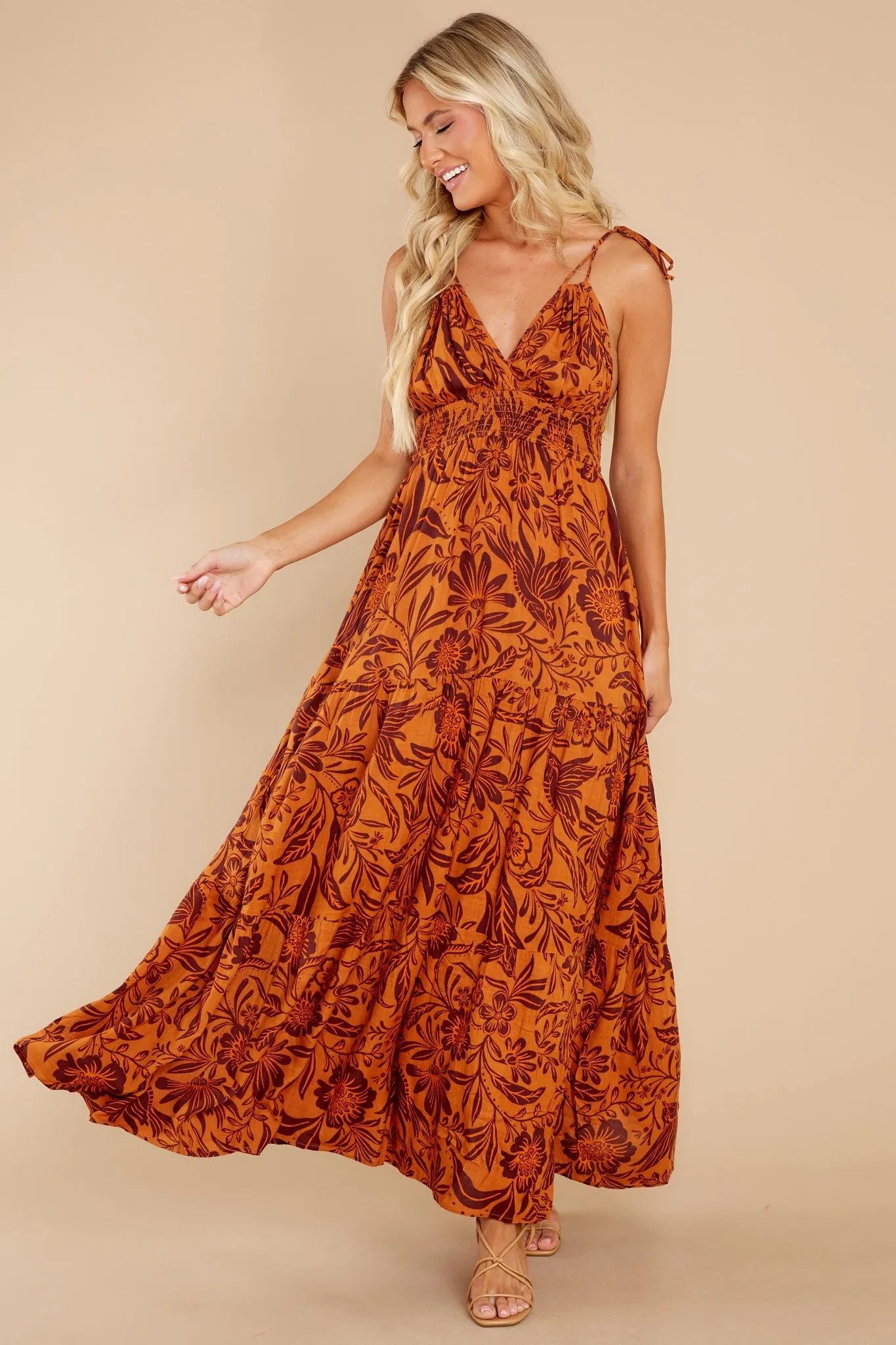 Splendid Living Golden Orange Floral Print Maxi Dress