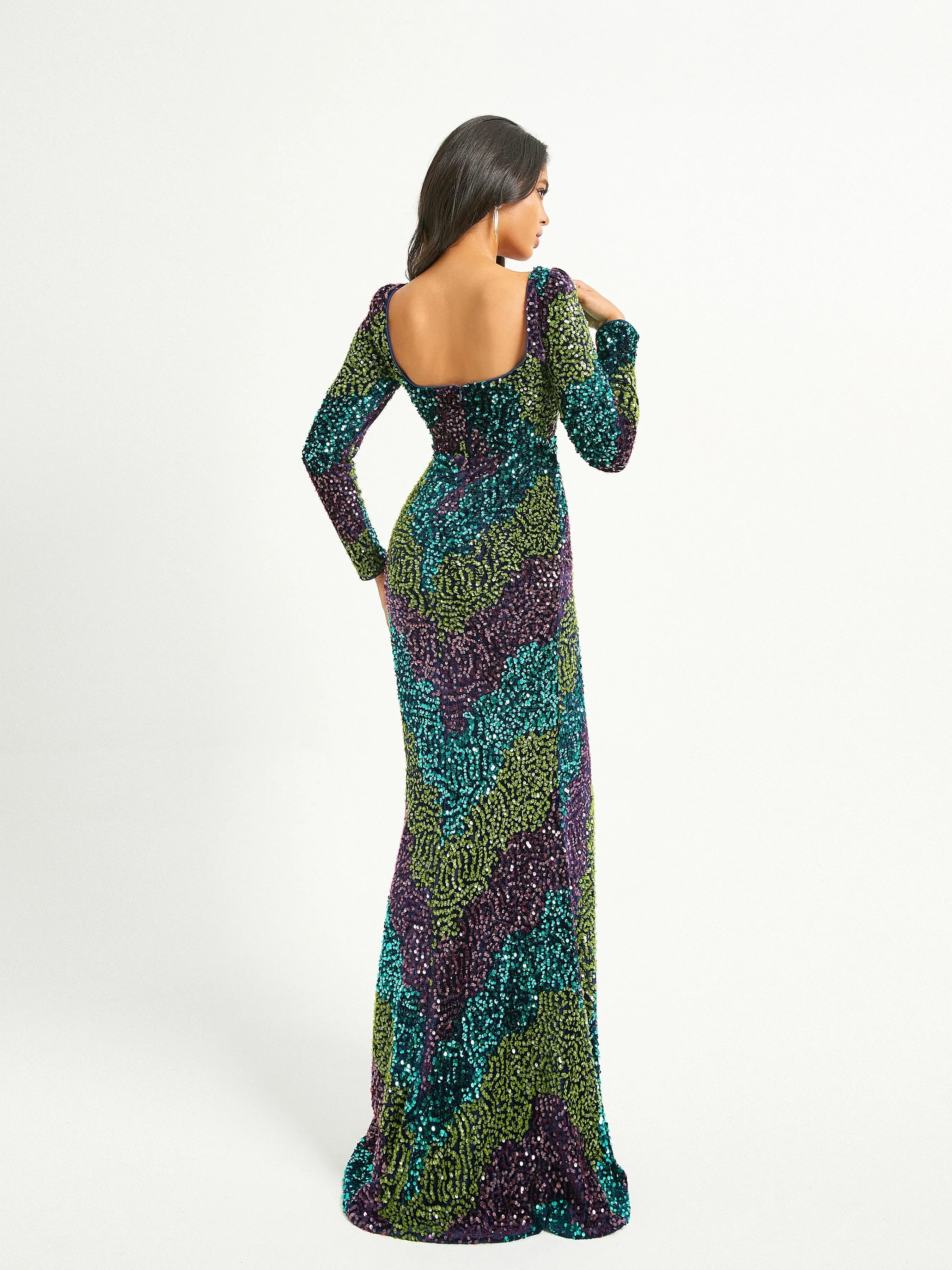 Square Neck Multicolor Sequin Mermaid Evening Dress RJ10740