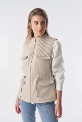 Stitch Drawstring Sleeveless Jacket, Waistcoat, Beige