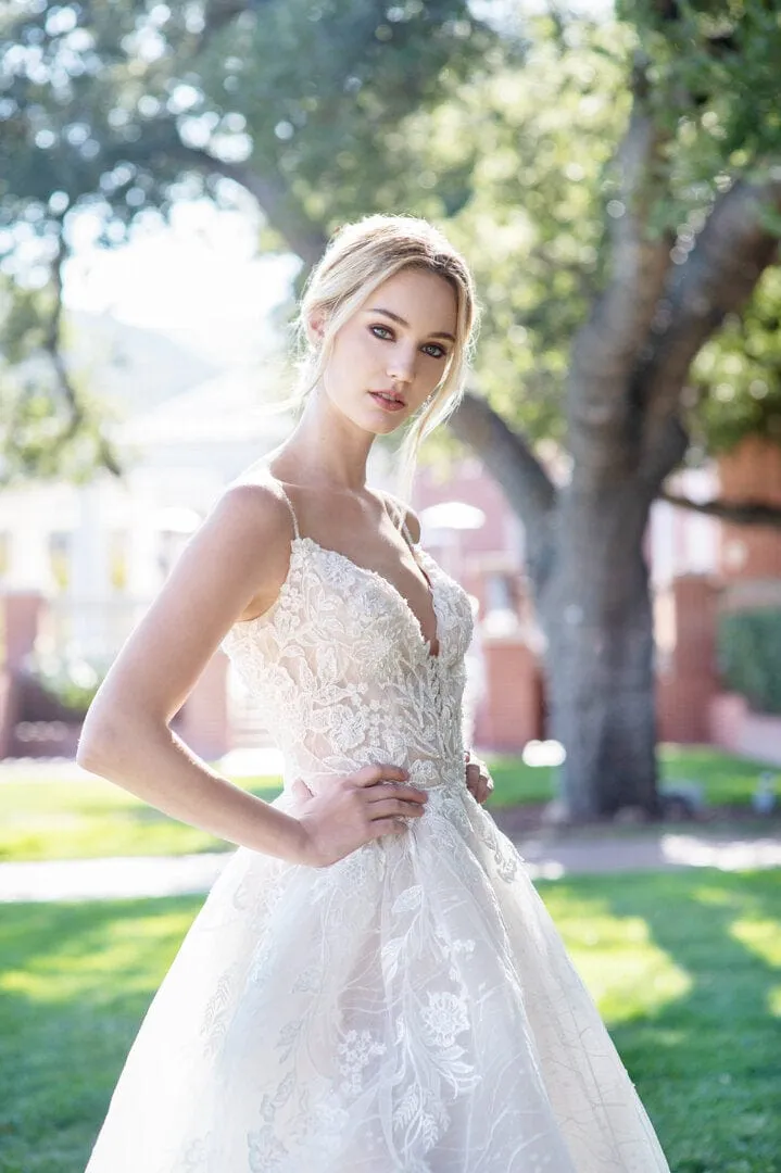 Striped Tulle - A-Line Spaghetti Strap Wedding Dress 3D Floral Lace, Blush