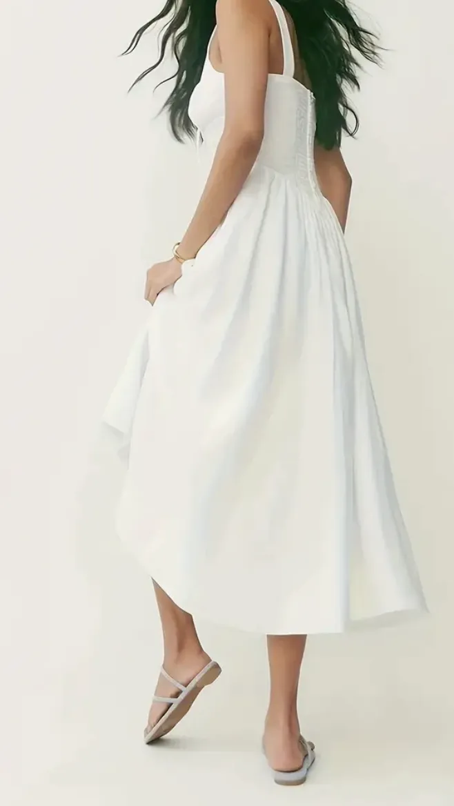 Summer White Elegant Sleeveless Dress, Ankle Length, Square Cowl, Cotton, Zipper