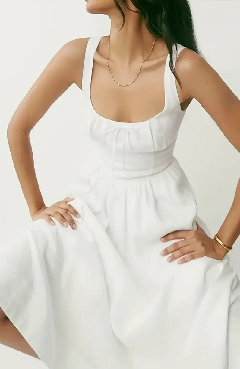 Summer White Elegant Sleeveless Dress, Ankle Length, Square Cowl, Cotton, Zipper