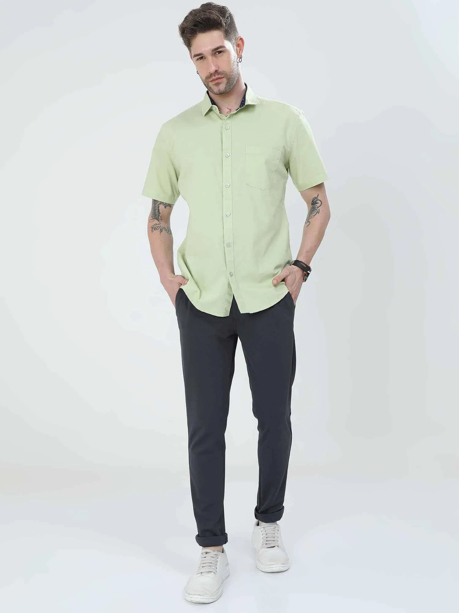 Tea Green Solid Half Sleeve Shirt