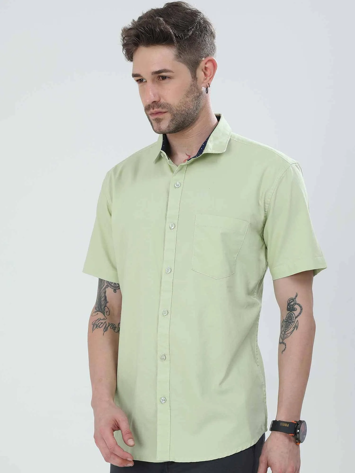 Tea Green Solid Half Sleeve Shirt