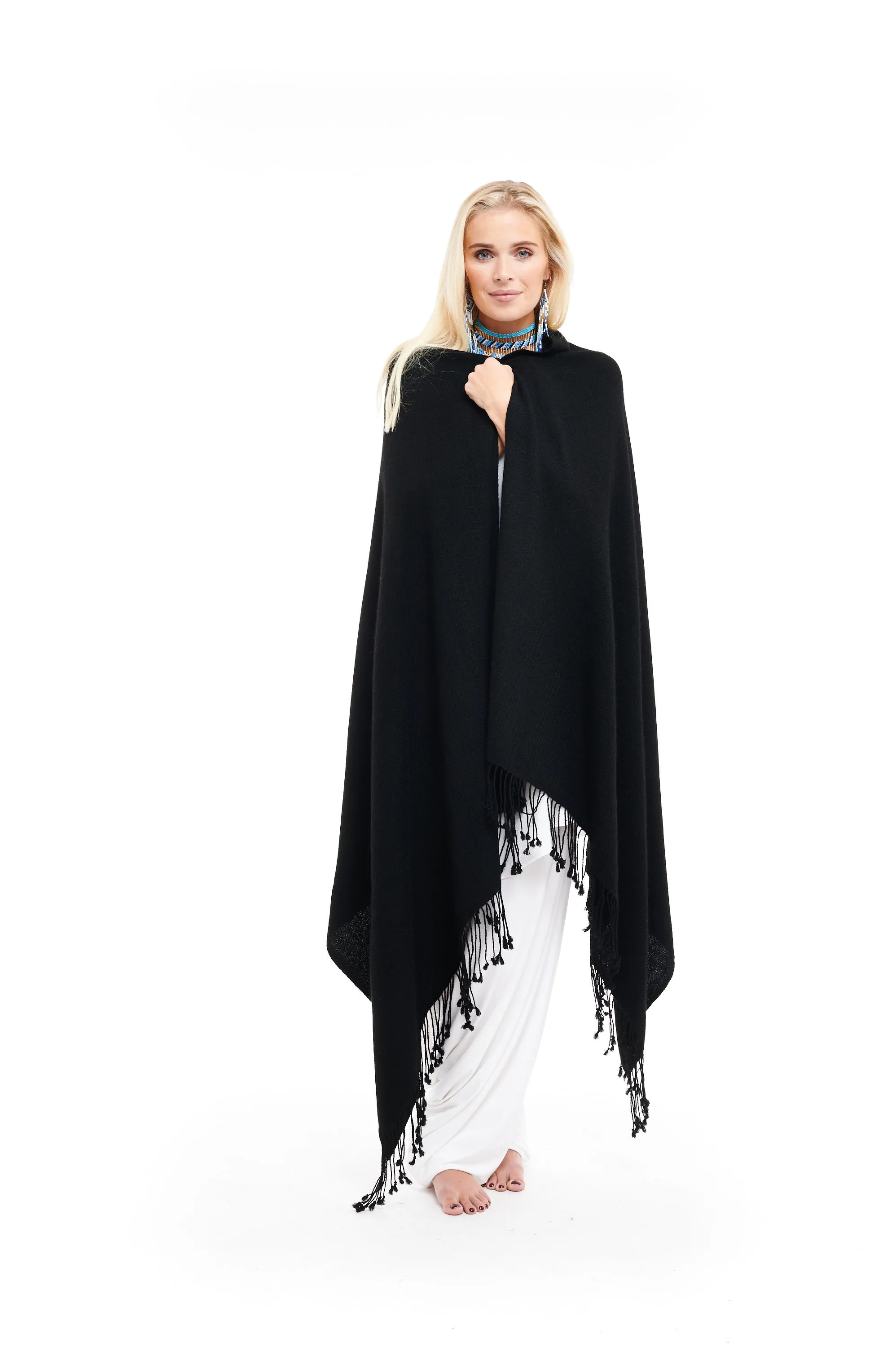 THICK LUXURY CASHMERE HERRINGBONE SHAWL - BLACK