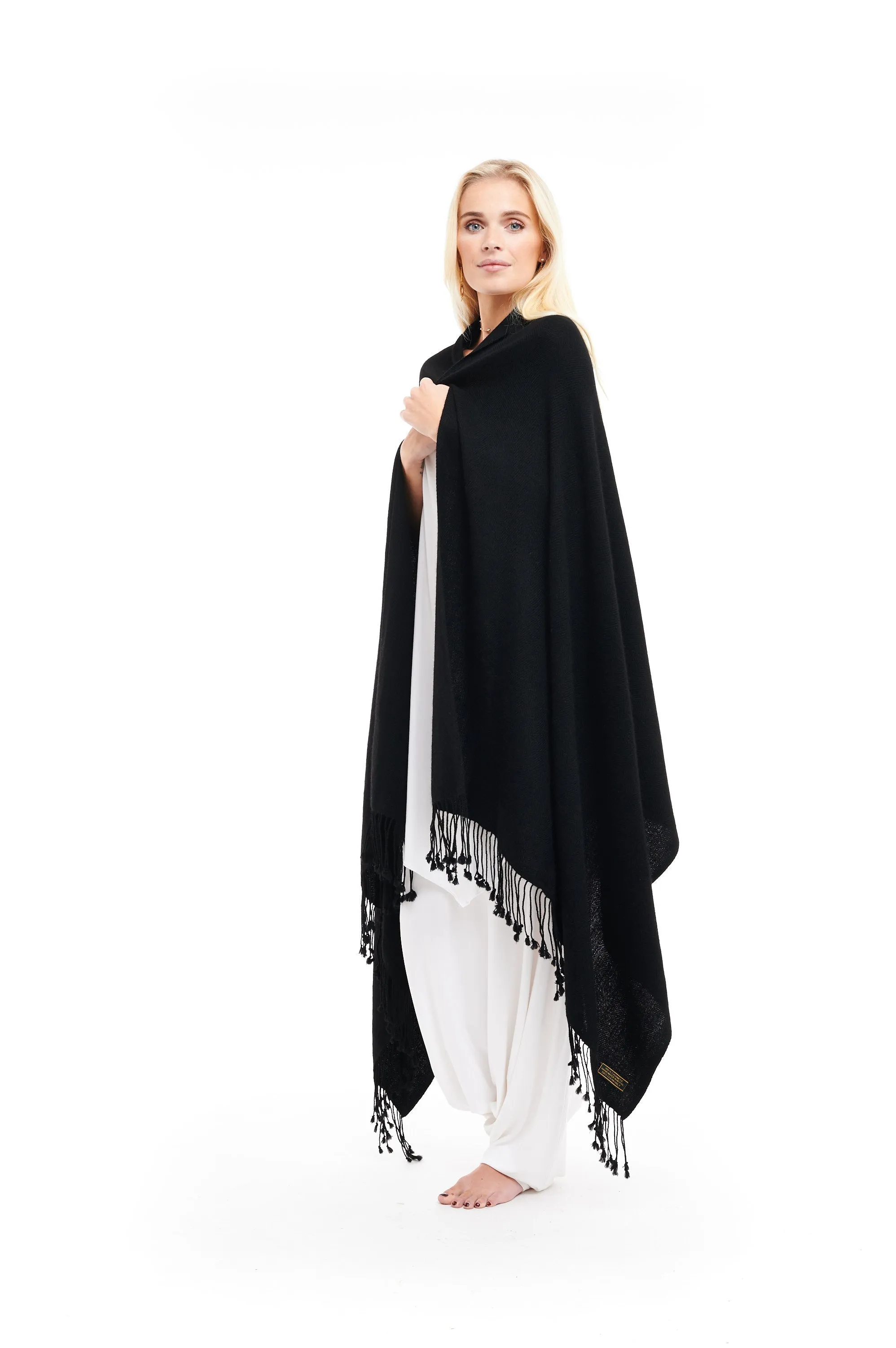 THICK LUXURY CASHMERE HERRINGBONE SHAWL - BLACK