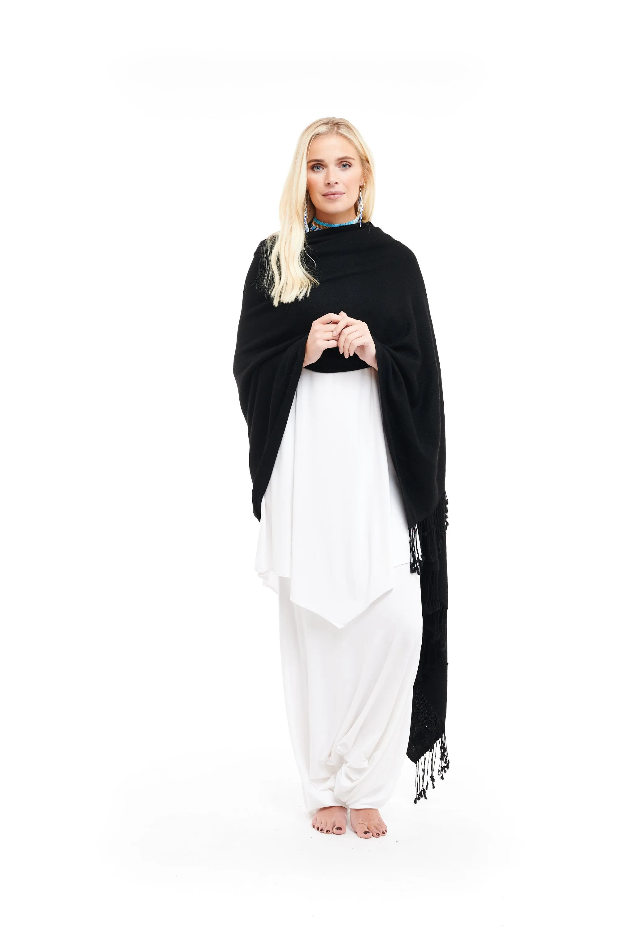 THICK LUXURY CASHMERE HERRINGBONE SHAWL - BLACK