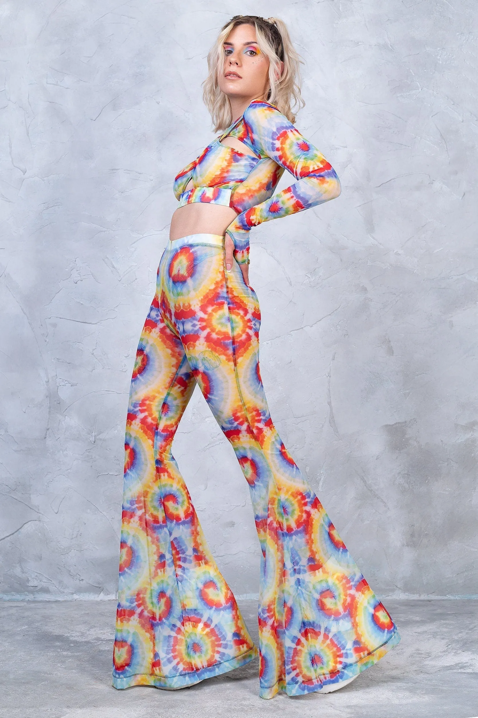 Tie Dye Bell Bottom Mesh Pants