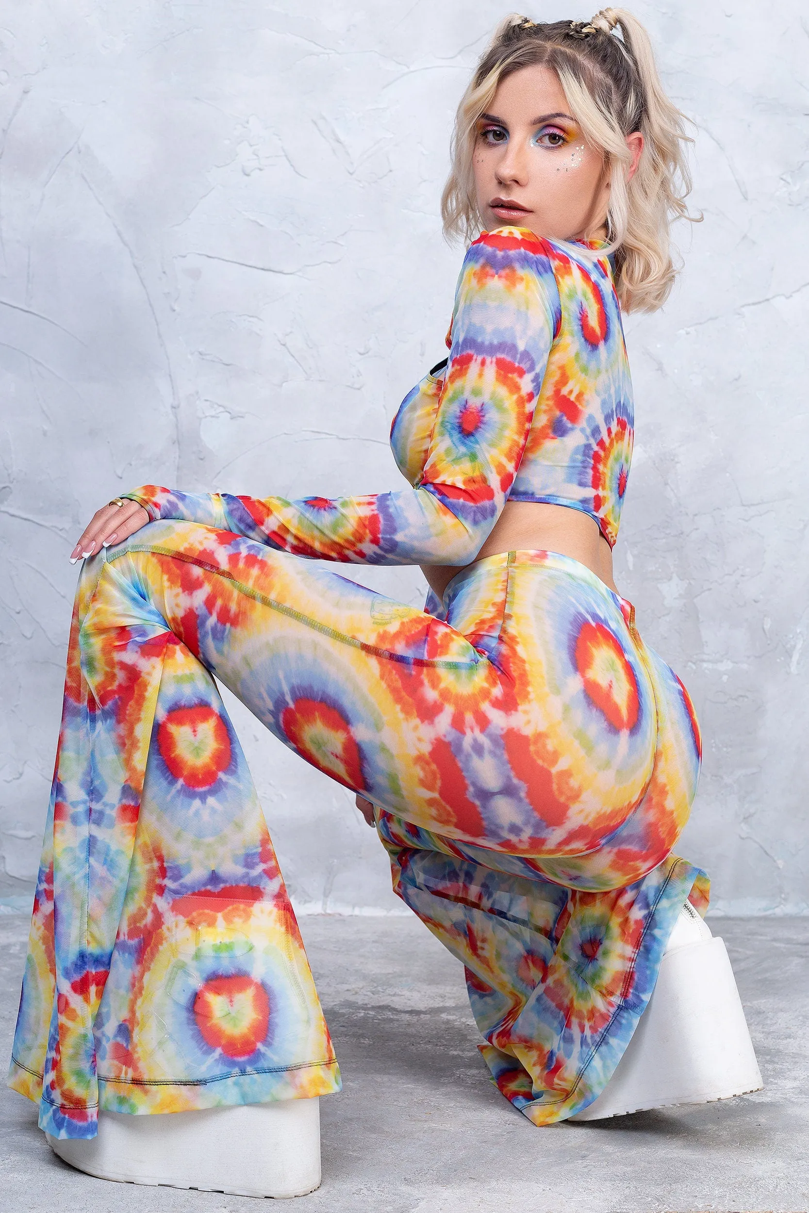 Tie Dye Bell Bottom Mesh Pants