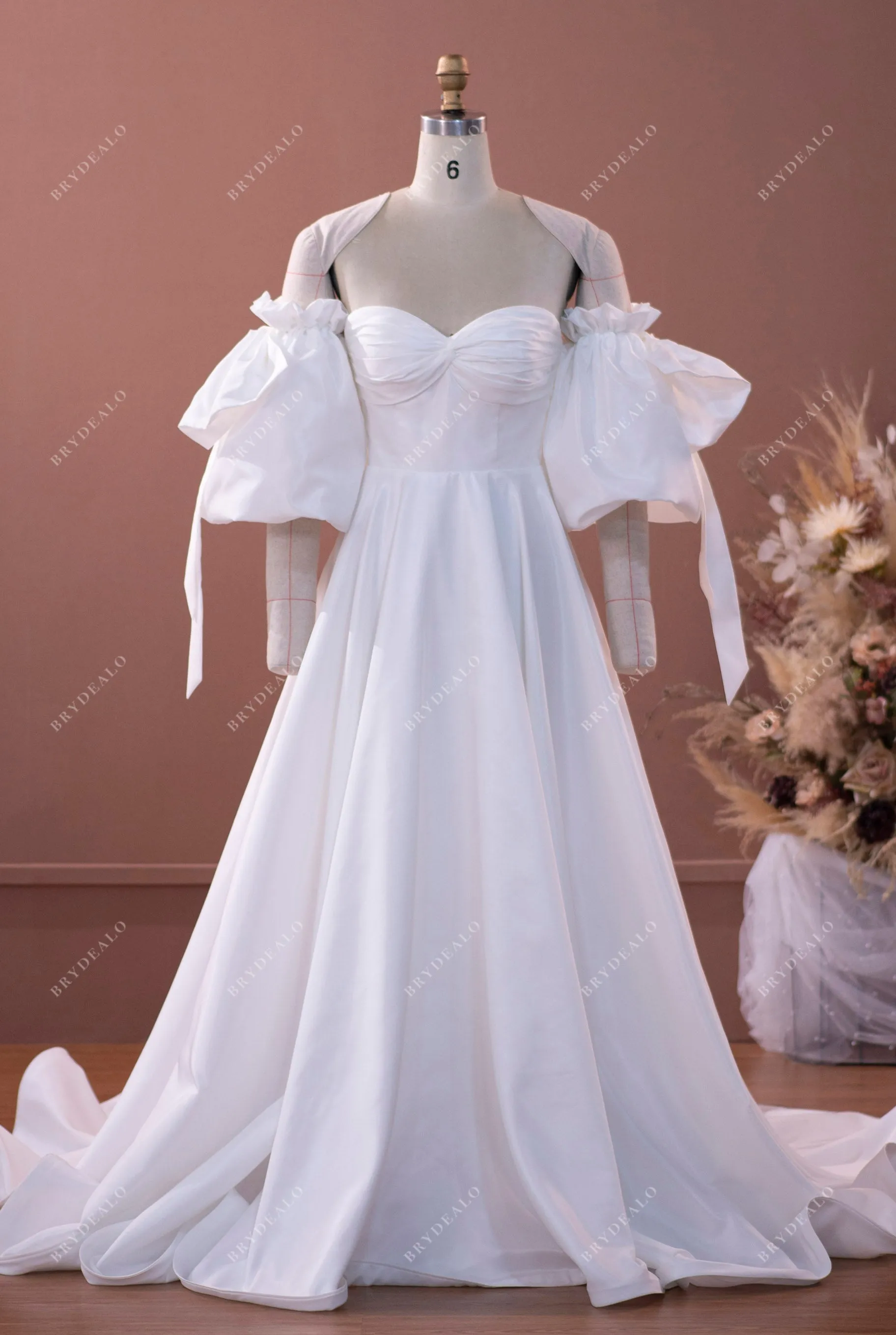 Timeless Taffeta Off Shoulder Sleeved A-line Ruffled Wedding Dress