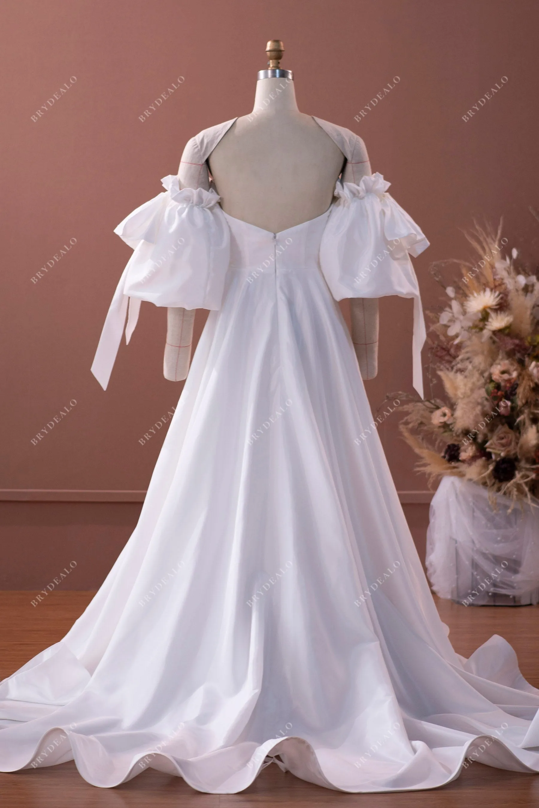 Timeless Taffeta Off Shoulder Sleeved A-line Ruffled Wedding Dress