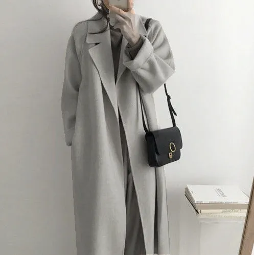 Uniwim Women's Woolen Overcoat Korean Style Fried Street Suit Collar Loose Lace-up Autumn and Winter Extended Double-Sided Woolen Overcoat