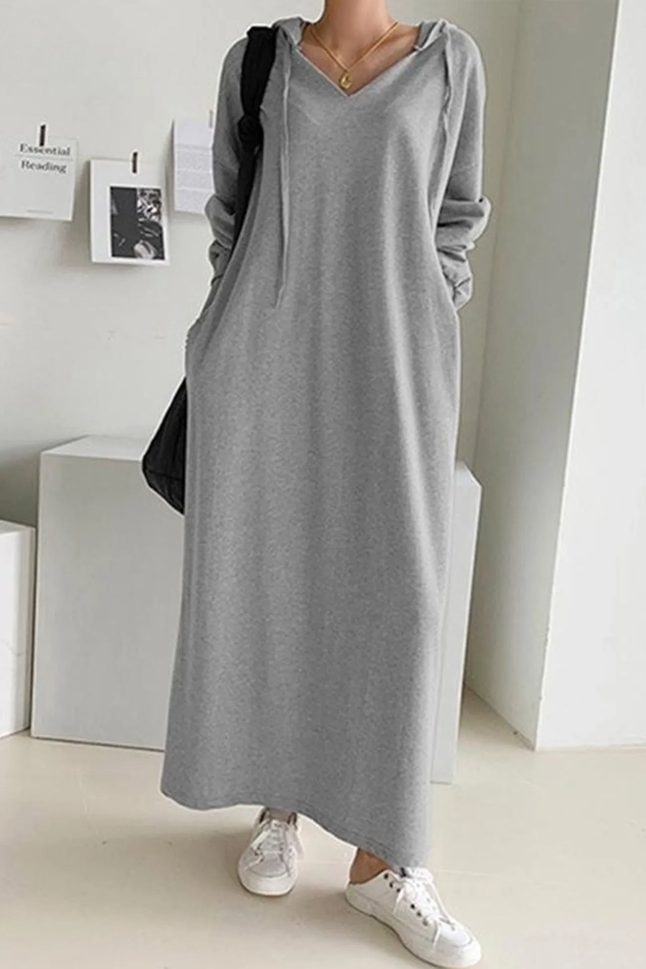 V Neck Drawstring Hooded Dress