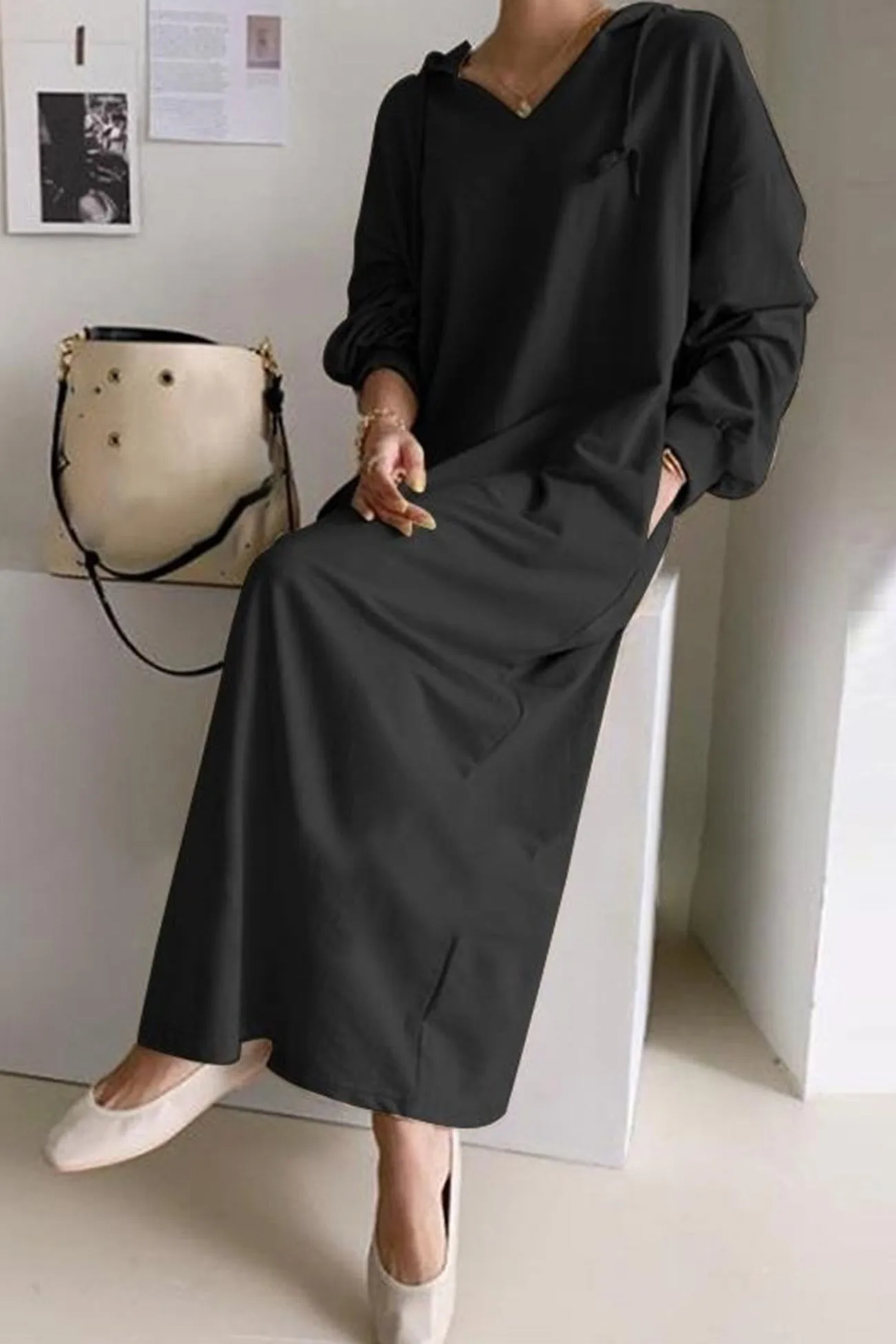 V Neck Drawstring Hooded Dress