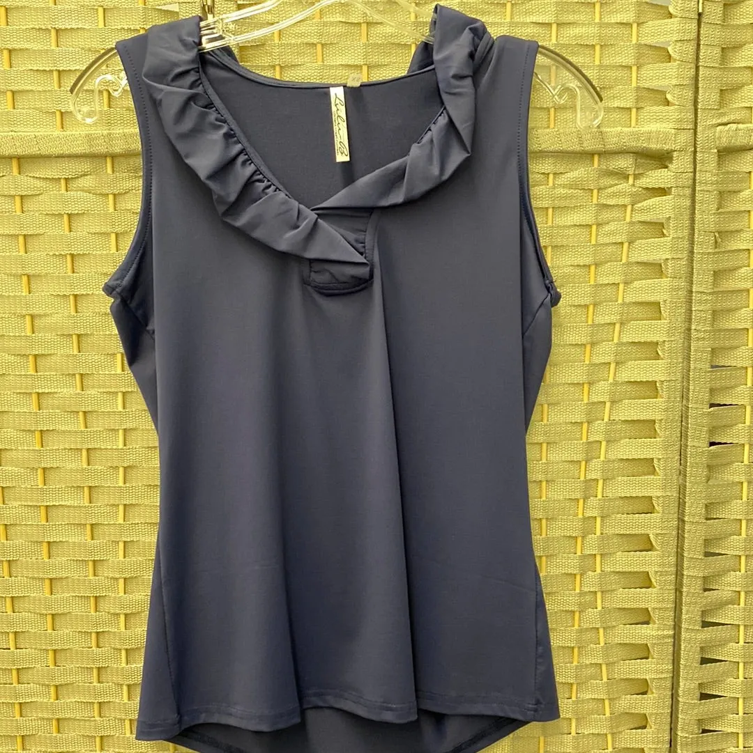 V-Neck Ruffle Tank Top-Navy