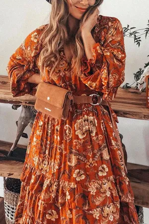 V-neck Ruffled Print Maxi Dress