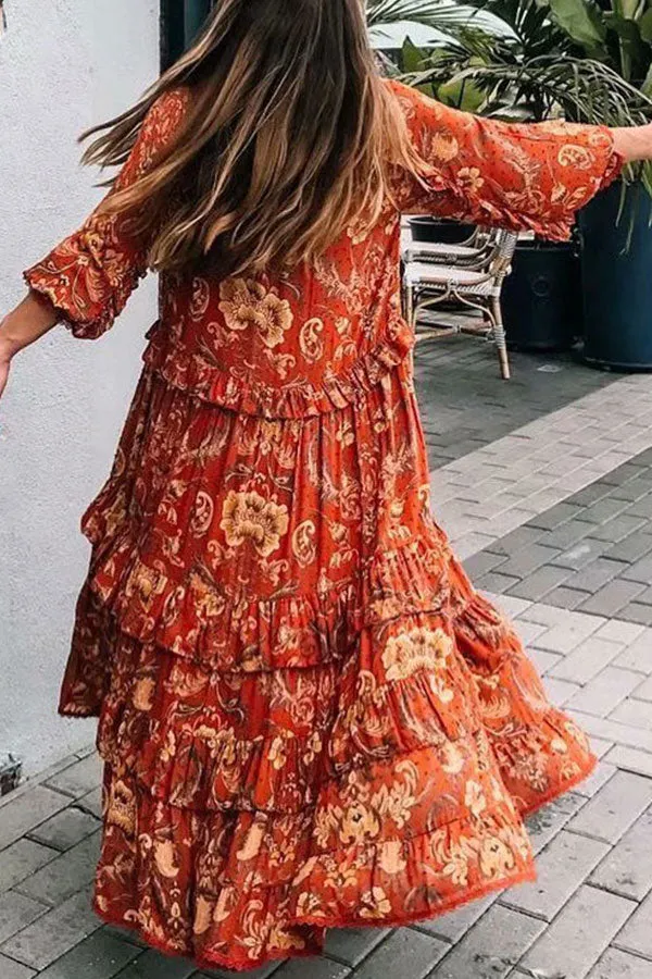 V-neck Ruffled Print Maxi Dress